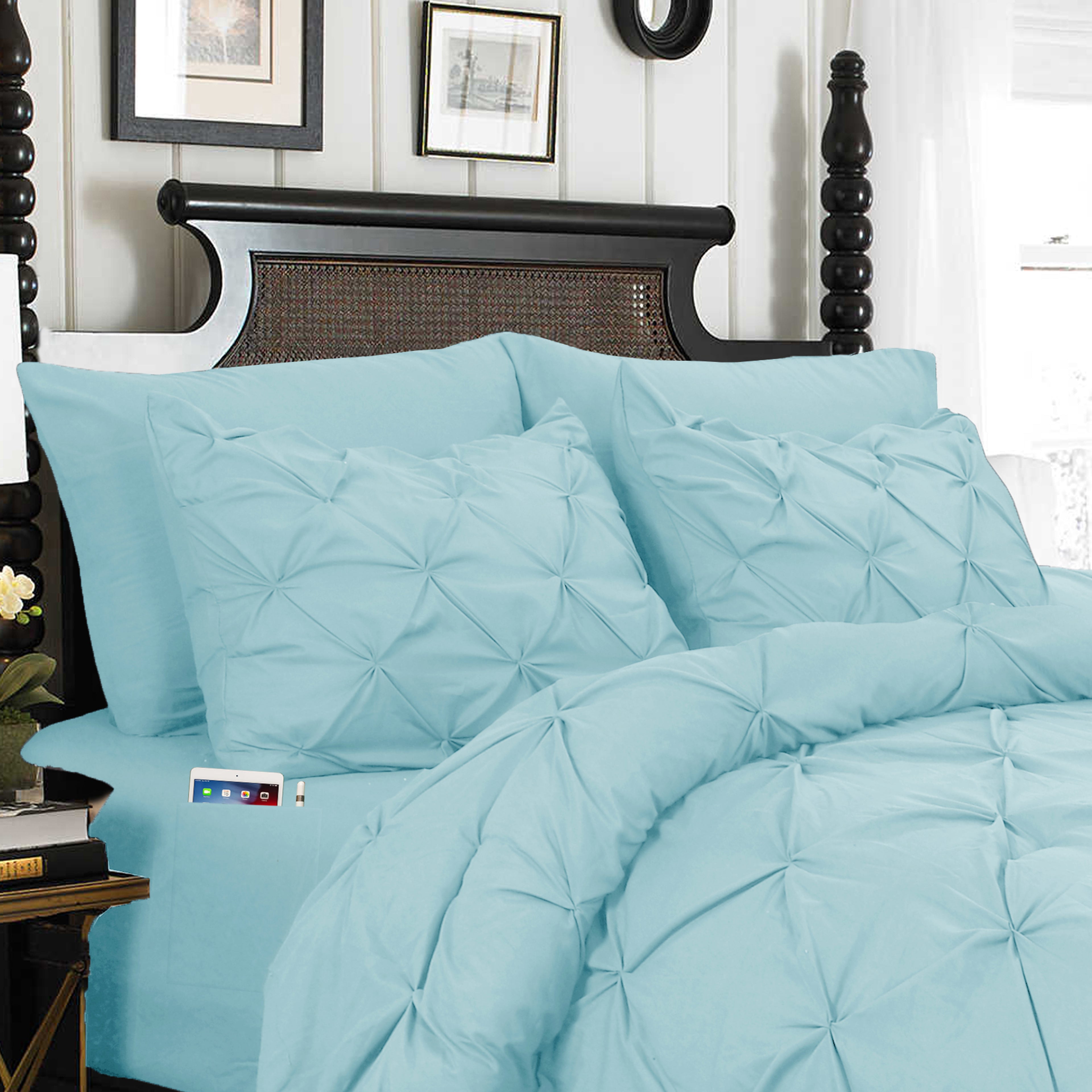 8-Piece Pintuck Pinch Pleated Comforter Set - Includes 4-Piece Sheet Set with Double Sided Storage Pockets