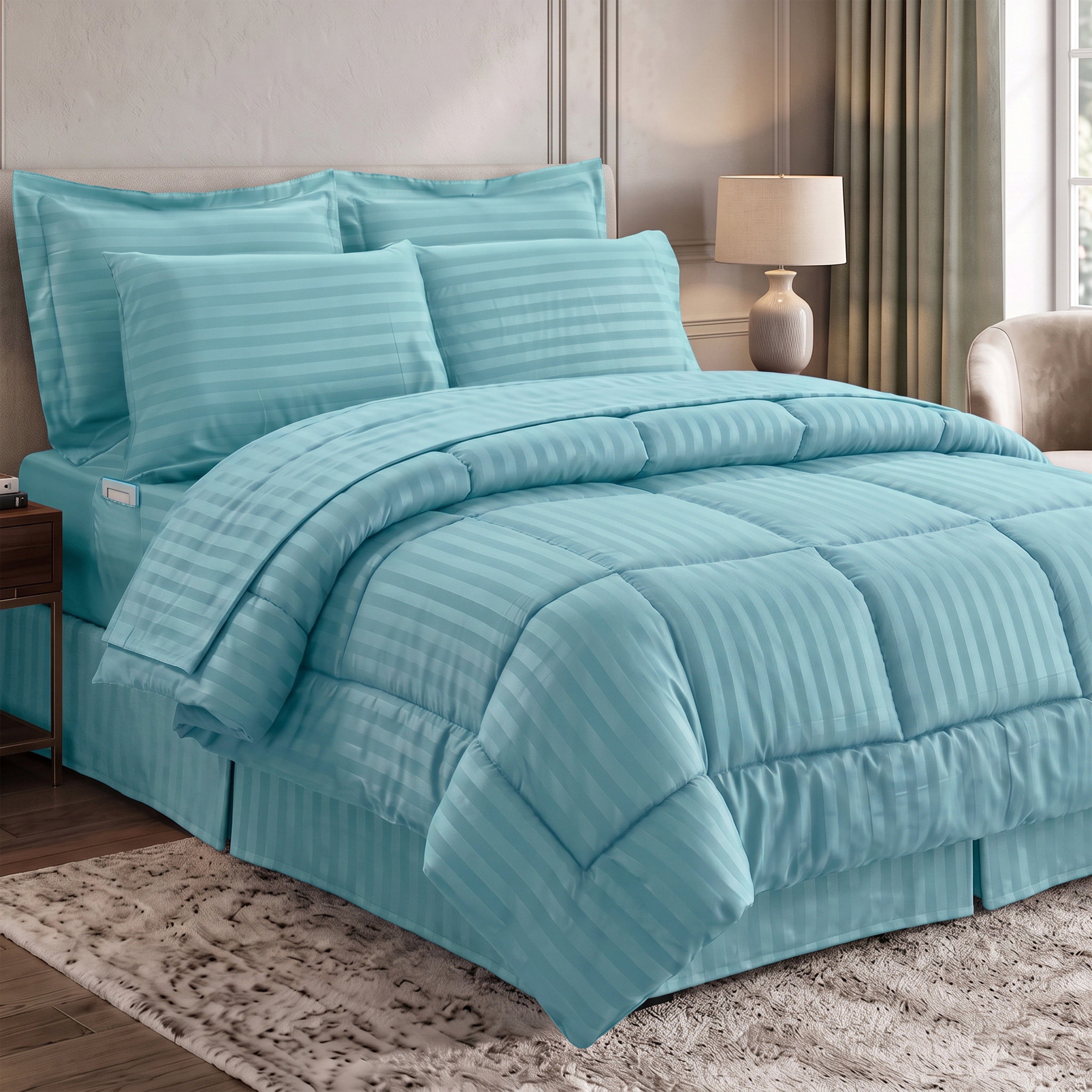 8-Piece Dobby Stripe Comforter Set - Includes 4-Piece Sheet Set with Double Sided Storage Pockets