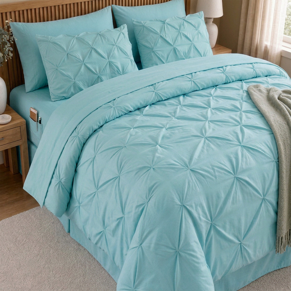 8-Piece Pintuck Pinch Pleated Comforter Set - Includes 4-Piece Sheet Set with Double Sided Storage Pockets