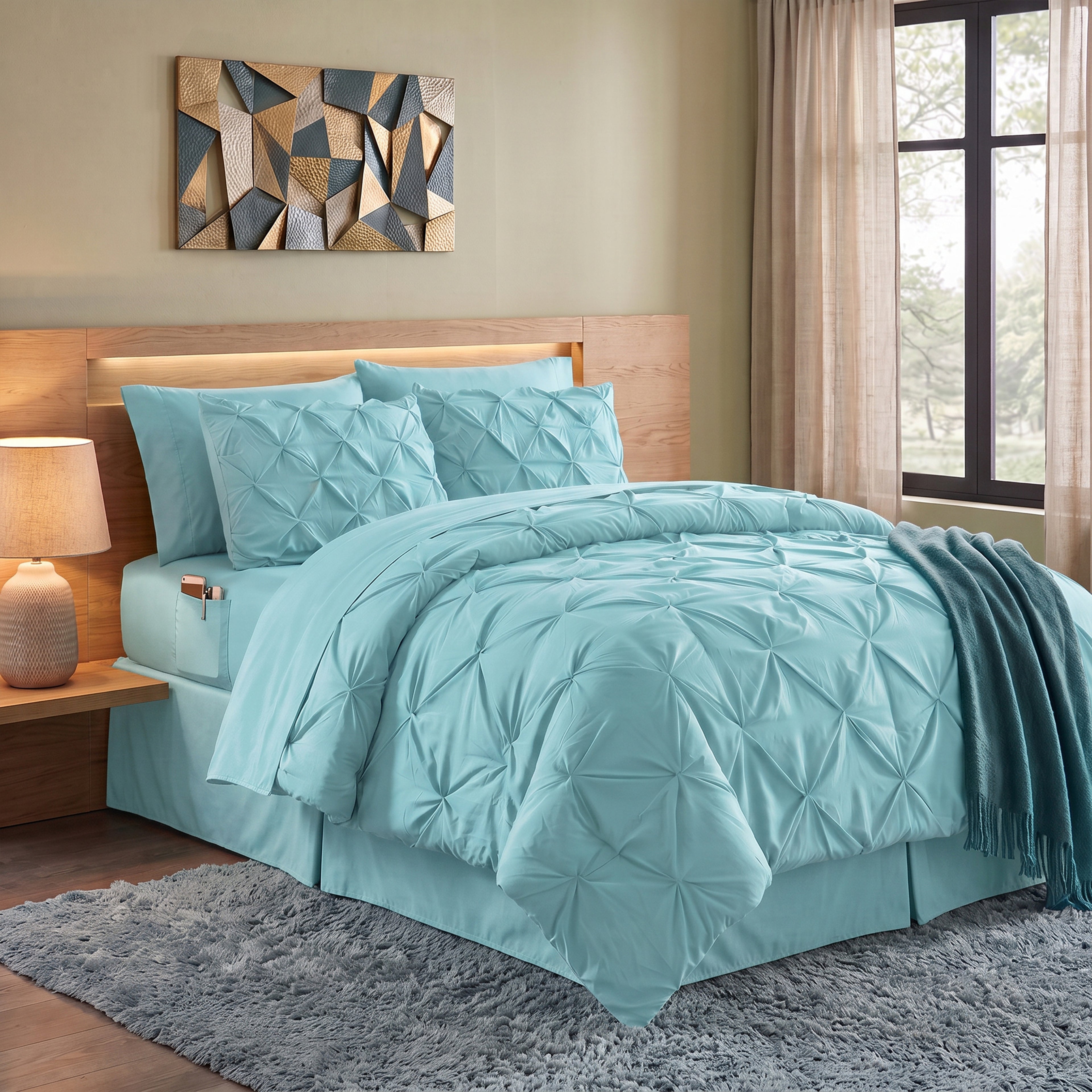 8-Piece Pintuck Pinch Pleated Comforter Set - Includes 4-Piece Sheet Set with Double Sided Storage Pockets
