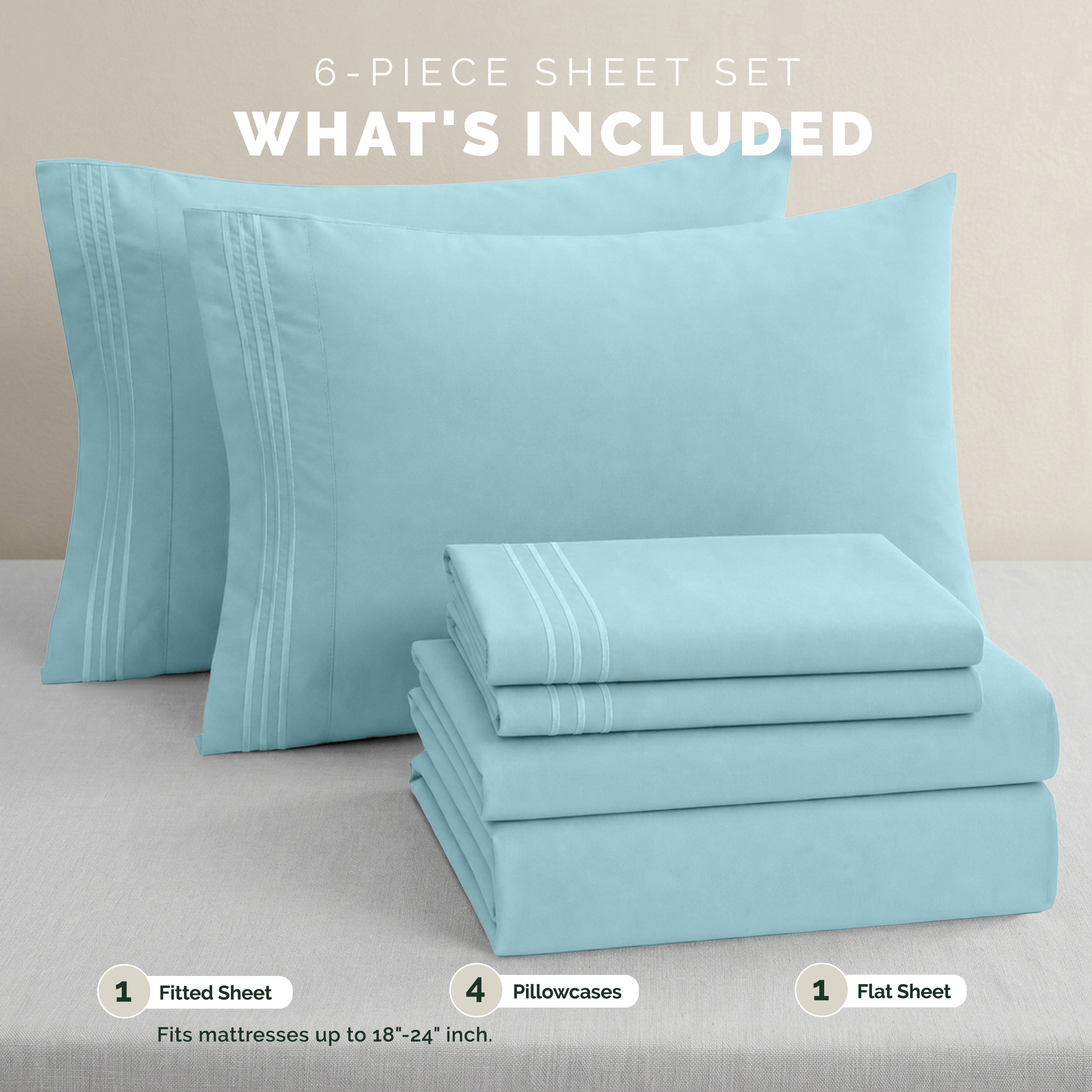 Extra deep Pocket 3 Line Embroidery, 6-Piece Sheet Set