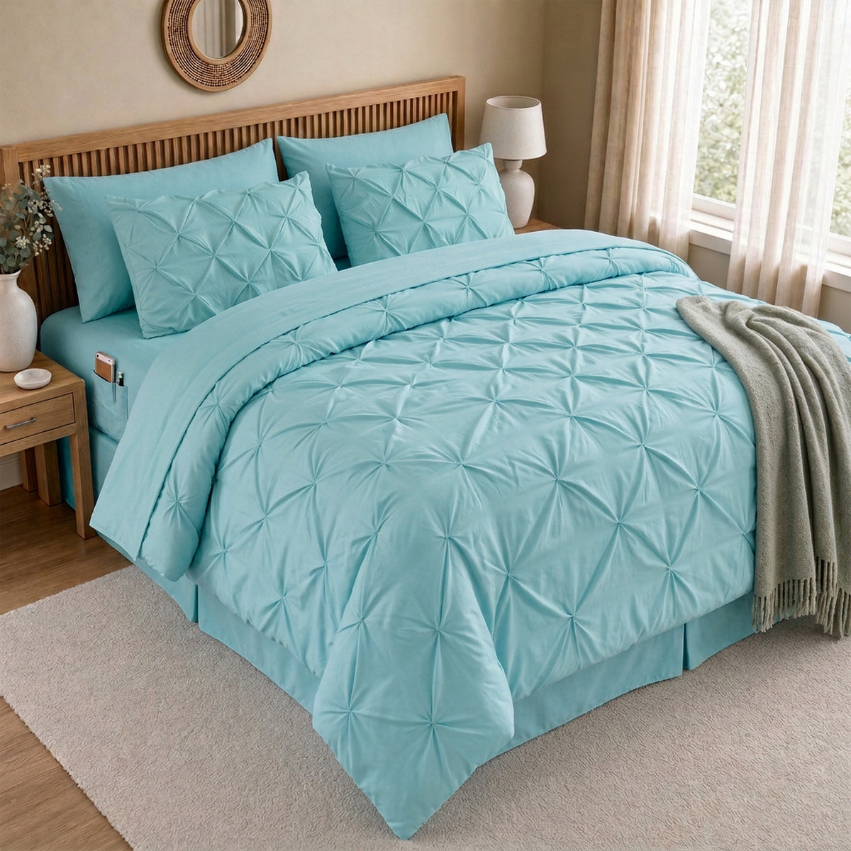 8-Piece Pintuck Pinch Pleated Comforter Set - Includes 4-Piece Sheet Set with Double Sided Storage Pockets