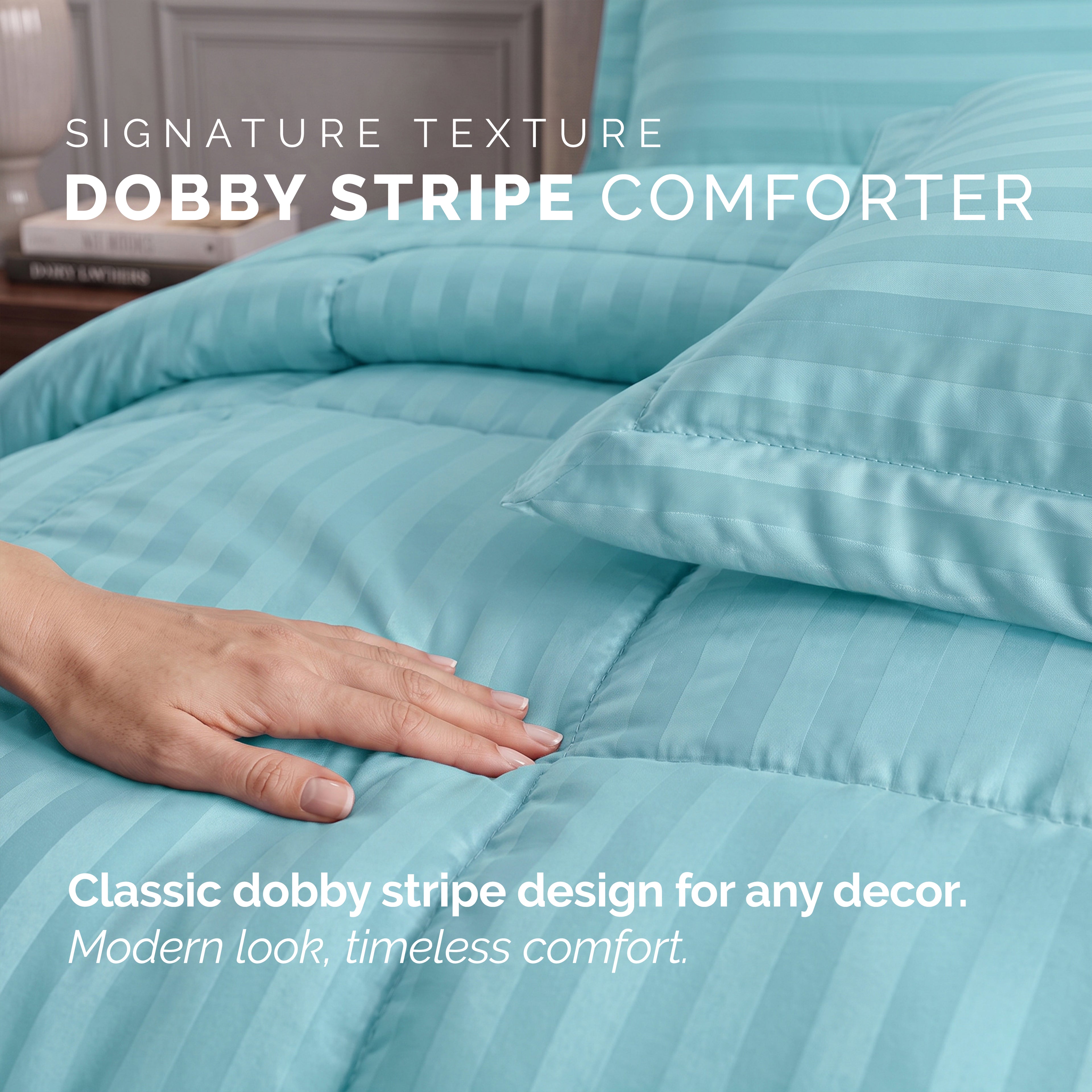 8-Piece Dobby Stripe Comforter Set - Includes 4-Piece Sheet Set with Double Sided Storage Pockets