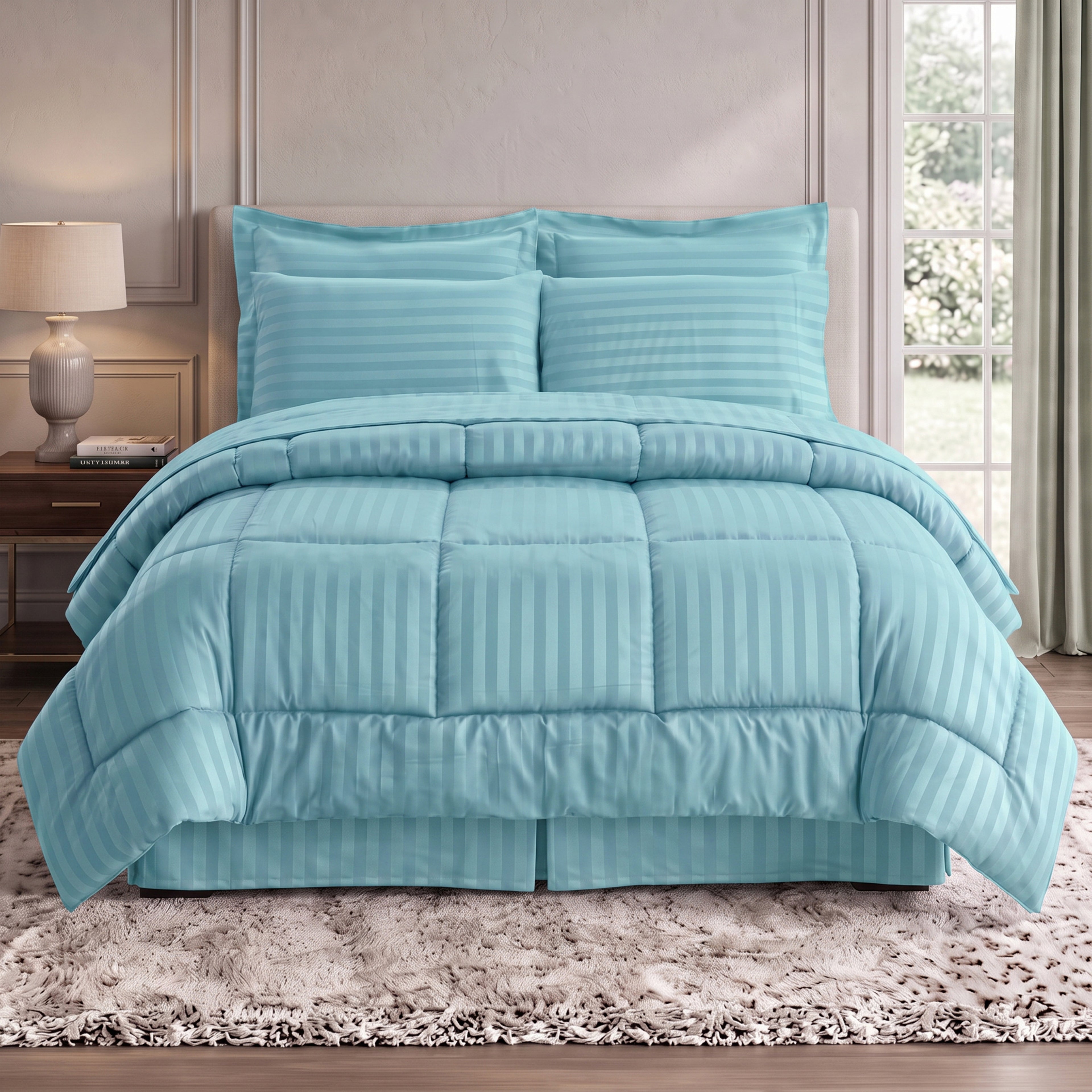 8-Piece Dobby Stripe Comforter Set - Includes 4-Piece Sheet Set with Double Sided Storage Pockets