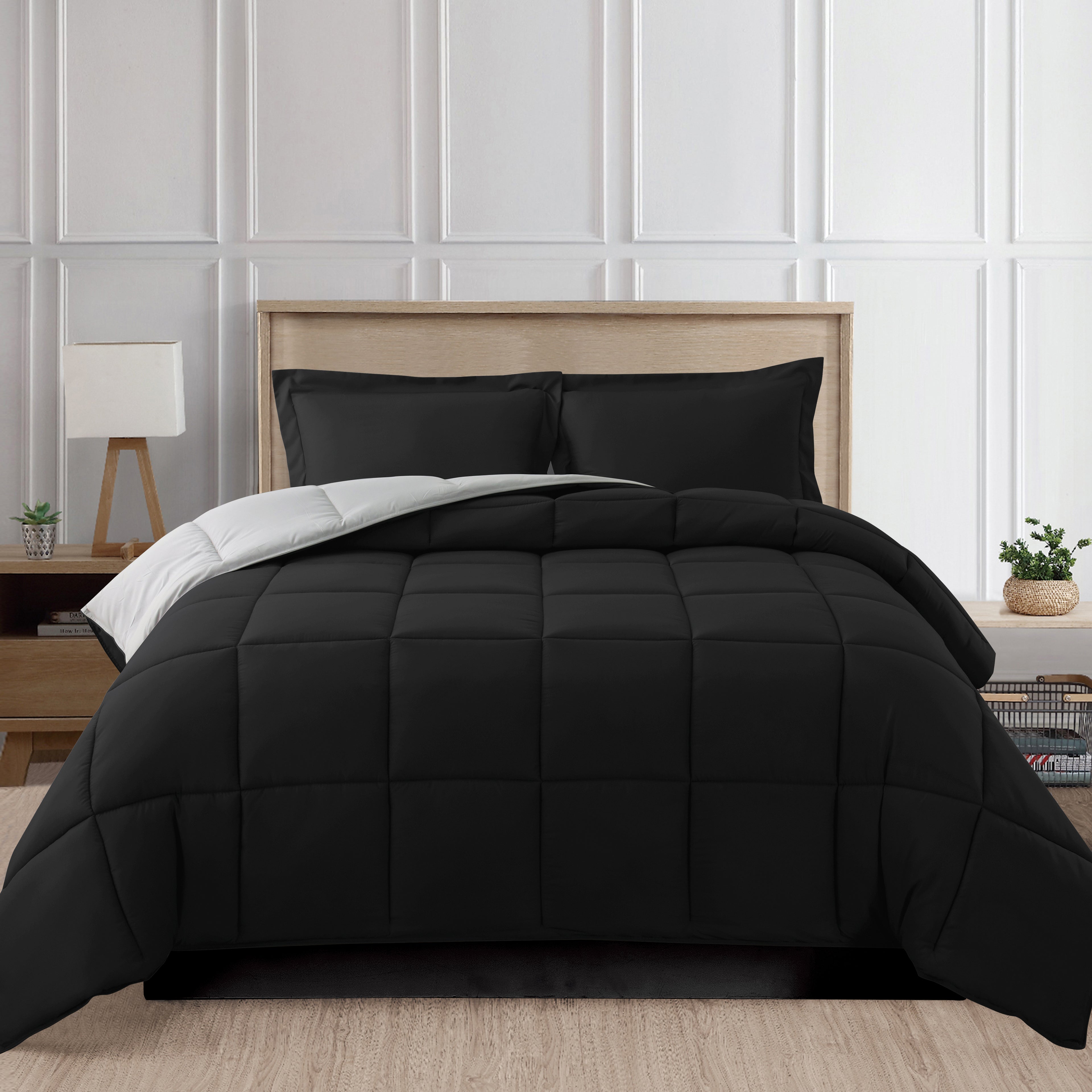 Reversible 3-Piece Box Stitched Comforter & Shams - Duvet Insert with 4 Corner Tabs