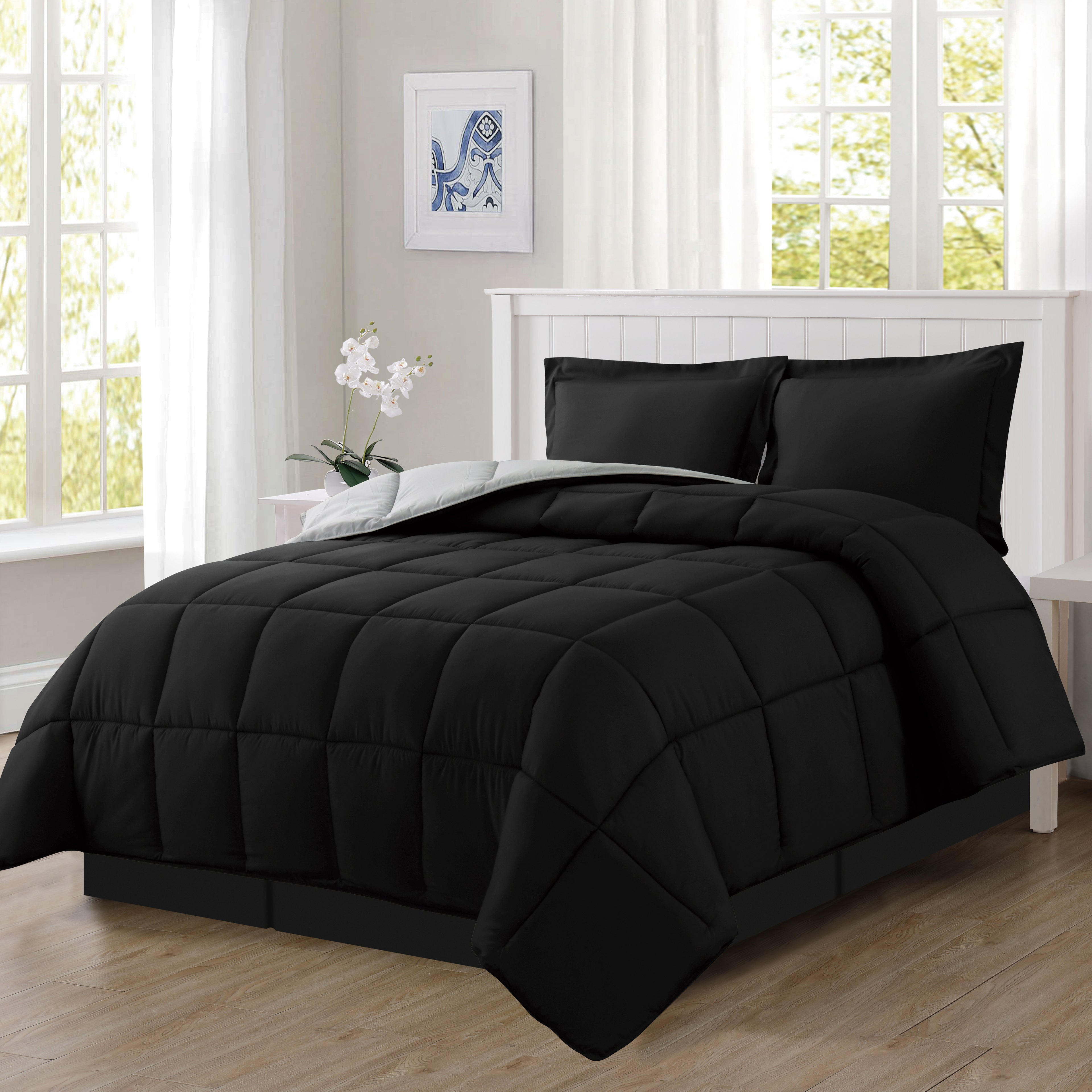 Reversible 3-Piece Box Stitched Comforter & Shams - Duvet Insert with 4 Corner Tabs
