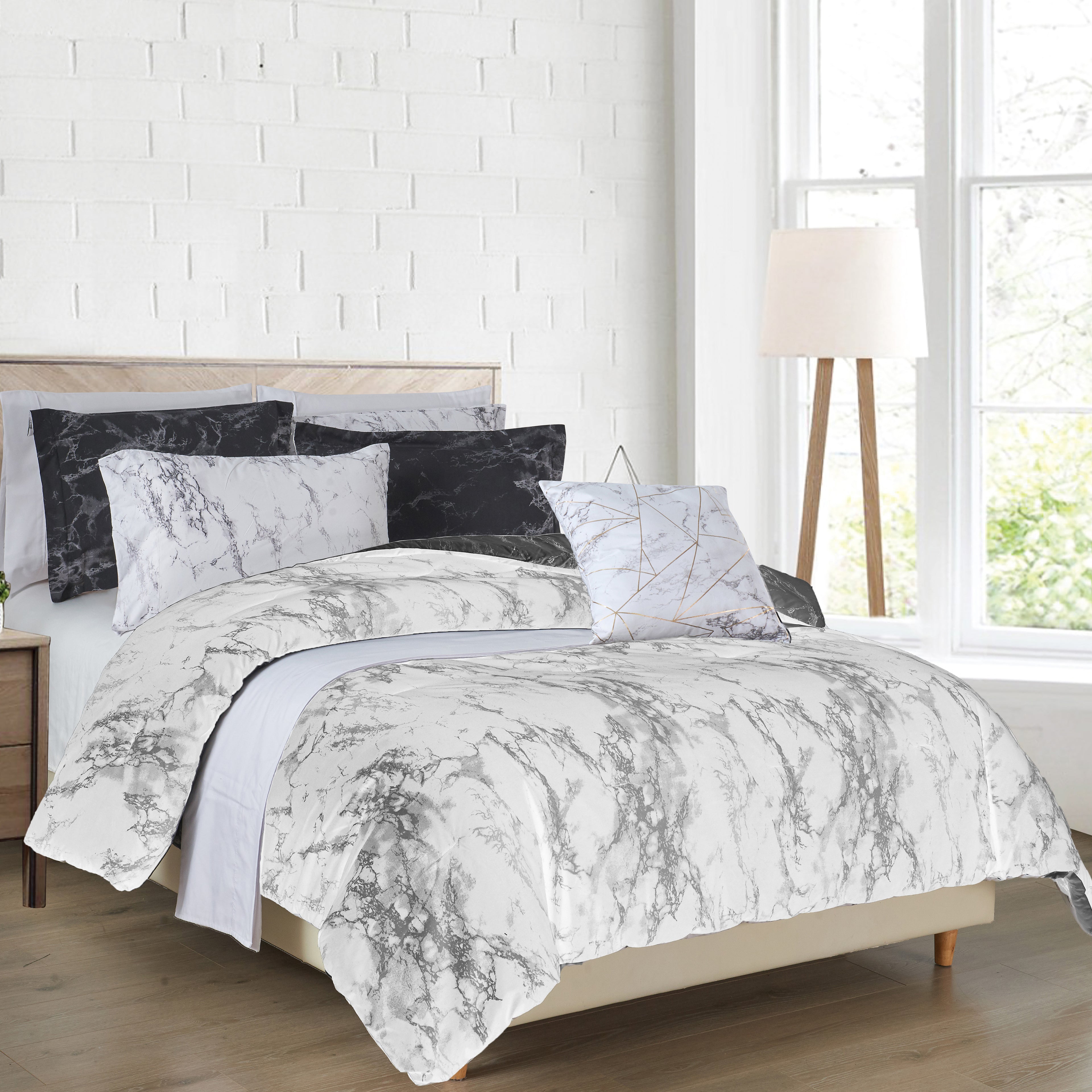 Reversible 10-Piece Marble Print Comforter Set, Includes 6-Piece Sheet Set with Double Sided Storage Pockets