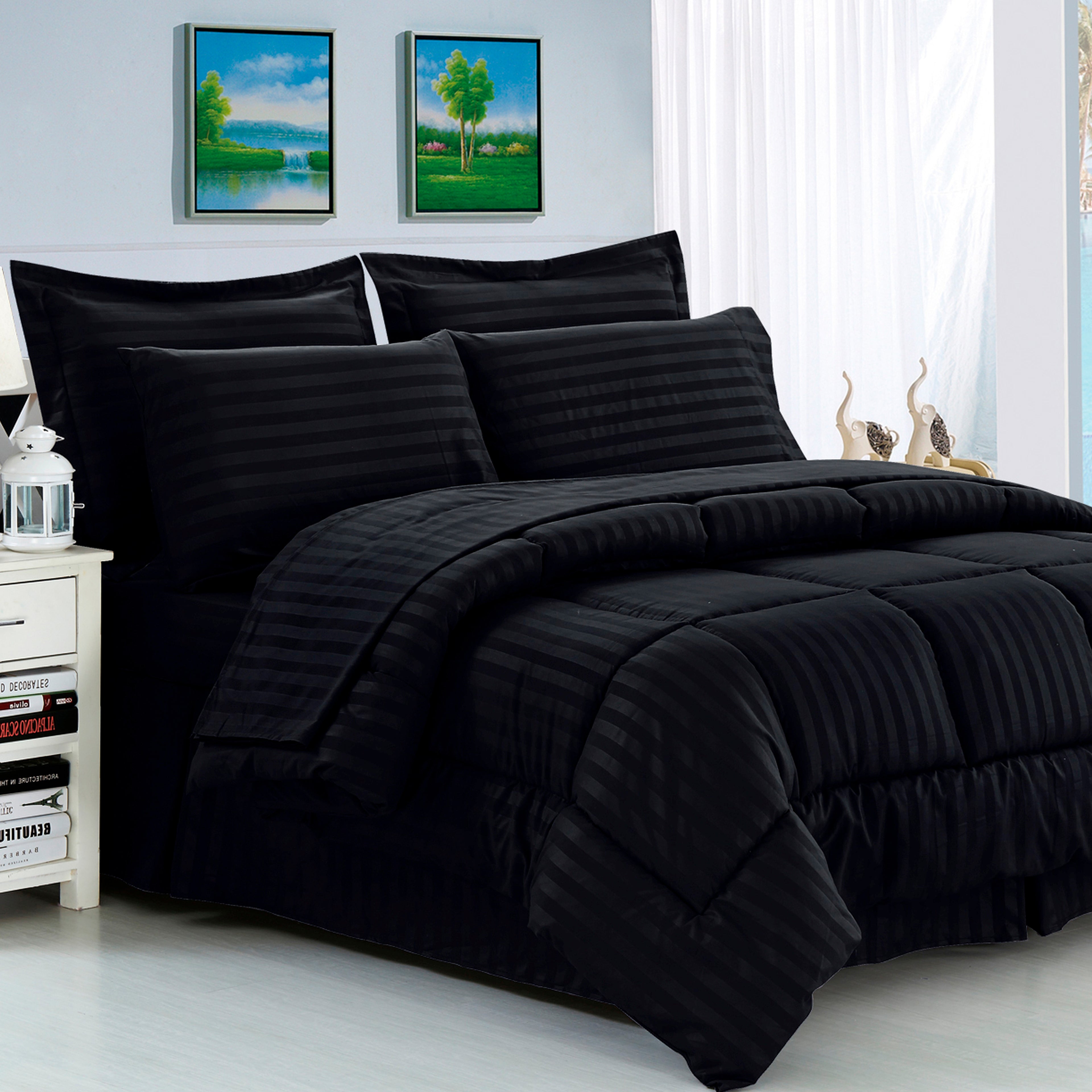 8-Piece Dobby Stripe Comforter Set - Includes 4-Piece Sheet Set with Double Sided Storage Pockets