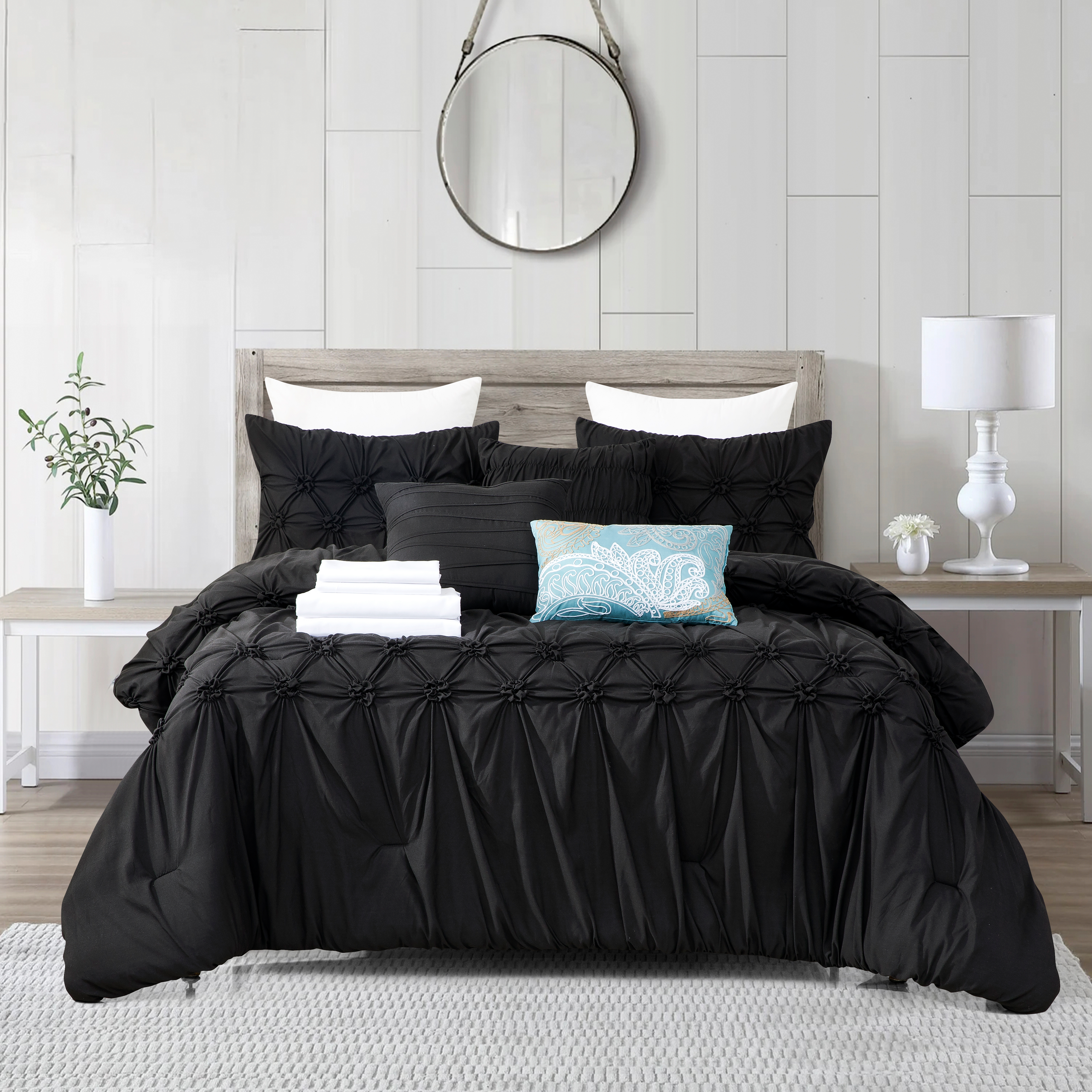 12-Piece Ella Pleated Ruched Pintuck Comforter Set, Includes 6-Piece Sheet Set with Double Sided Storage Pockets