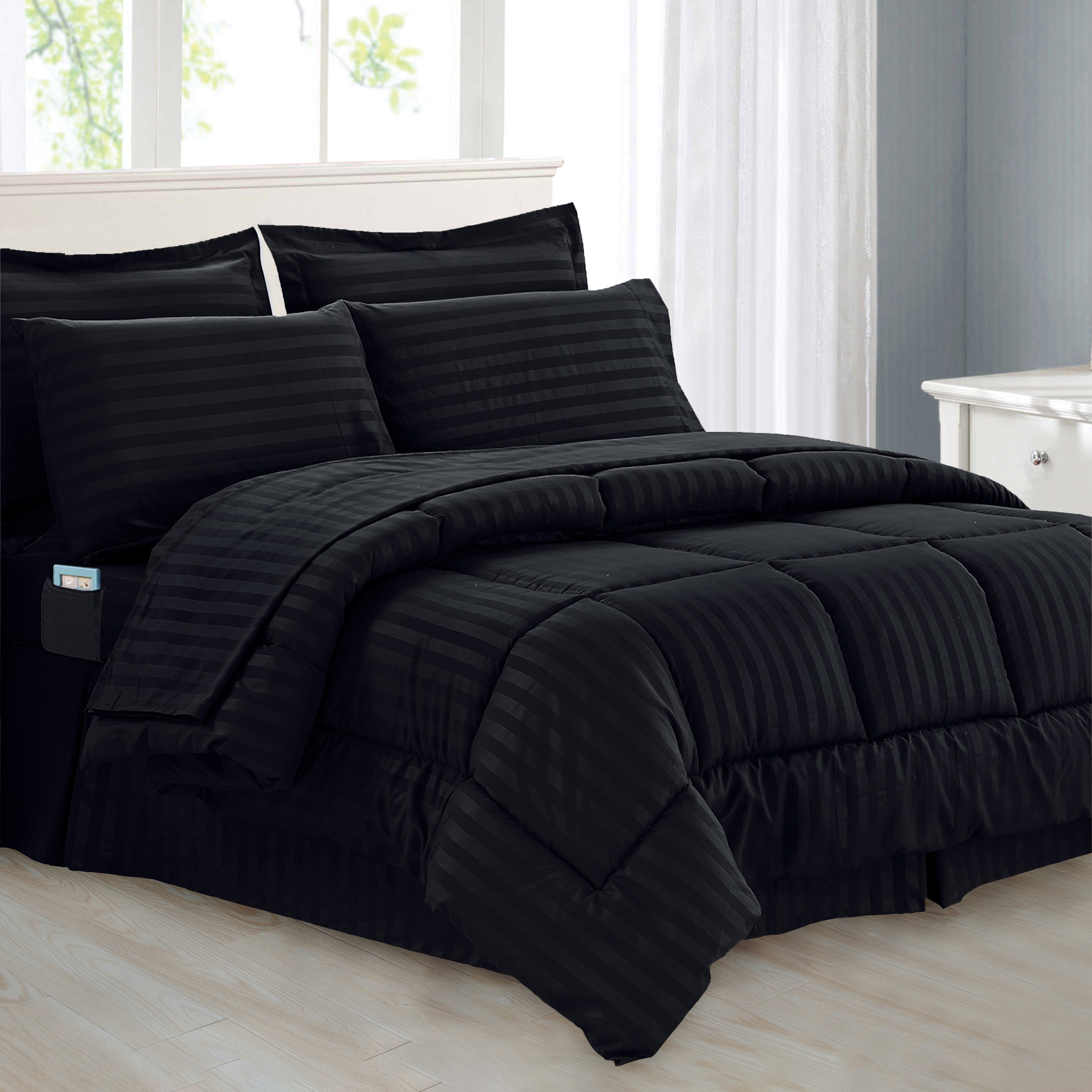 8-Piece Dobby Stripe Comforter Set - Includes 4-Piece Sheet Set with Double Sided Storage Pockets