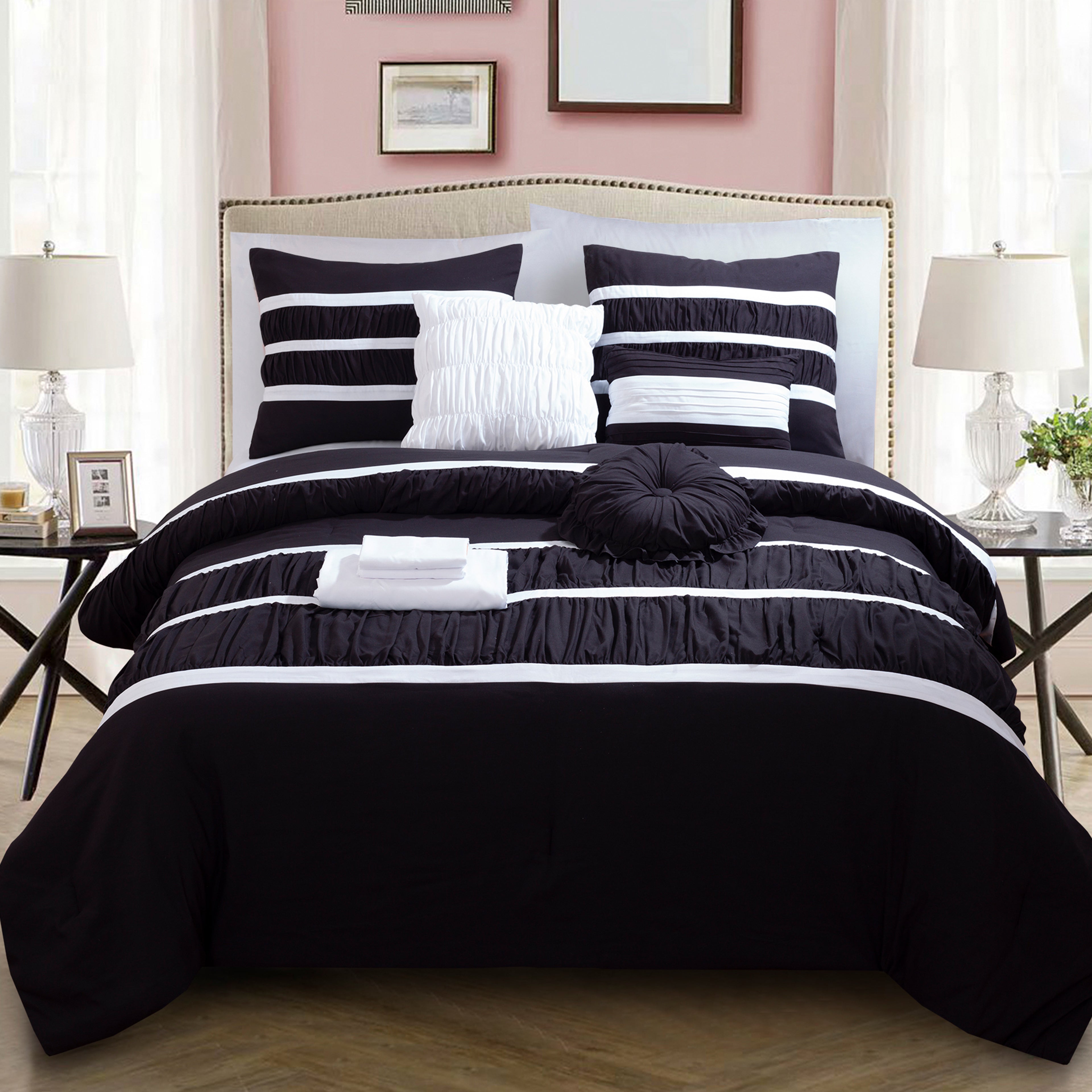 12-Piece Isabella Pleated Ruched Ruffled Comforter Set, Includes 6-Piece Sheet Set with Double Sided Storage Pockets