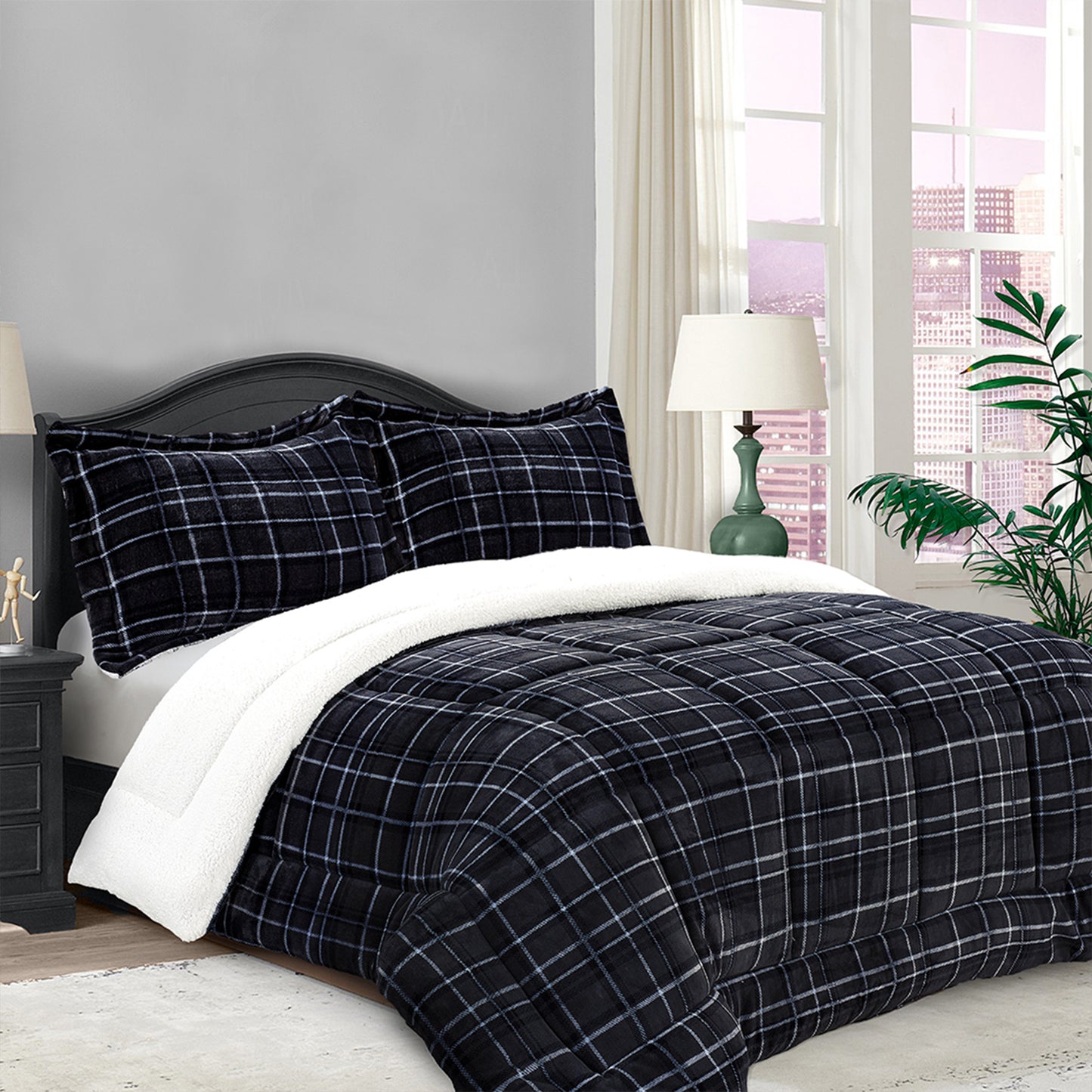 Elegant Comfort 3-Piece Plaid Micro-Suede Reversible Sherpa - Comforter Set