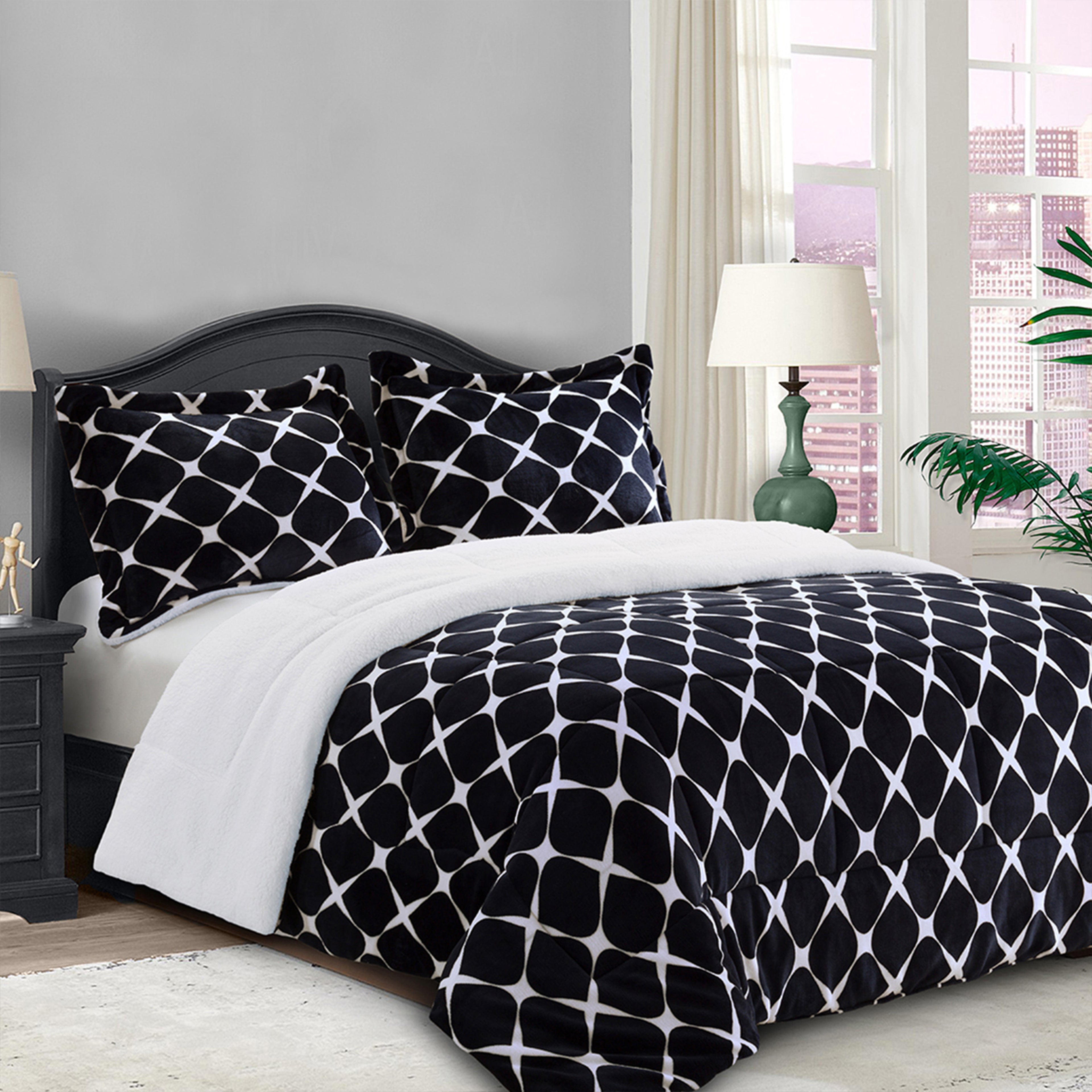 3-Piece Micro-Suede Reversible Sherpa - Bloomingdale Pattern Comforter Set