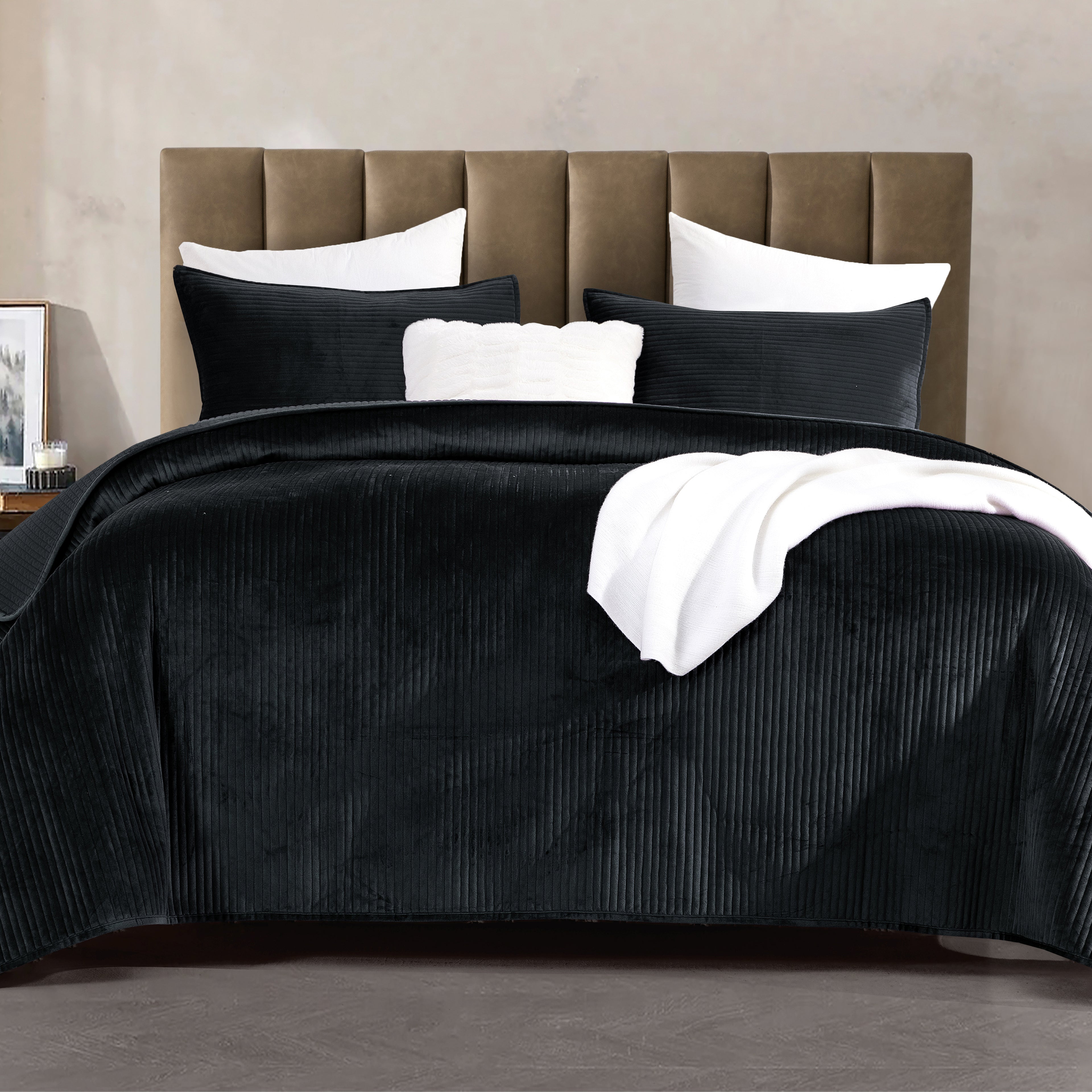 3-Piece Velvet Corduroy Stripe Quilted Bedspread Coverlet Set