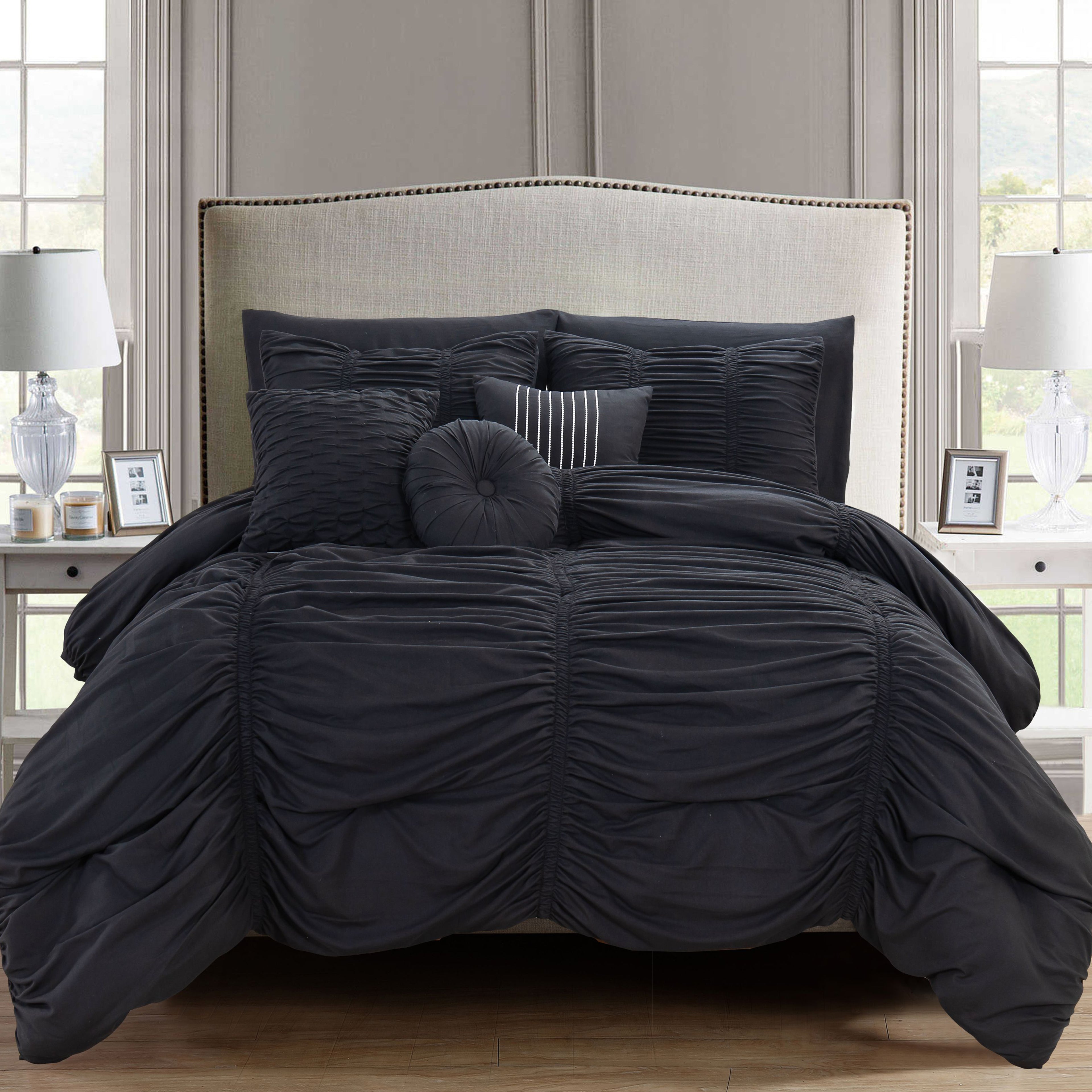 10-Piece Pleated Comforter Set - Includes 4-Piece Sheet Set with Double Sided Storage Pockets