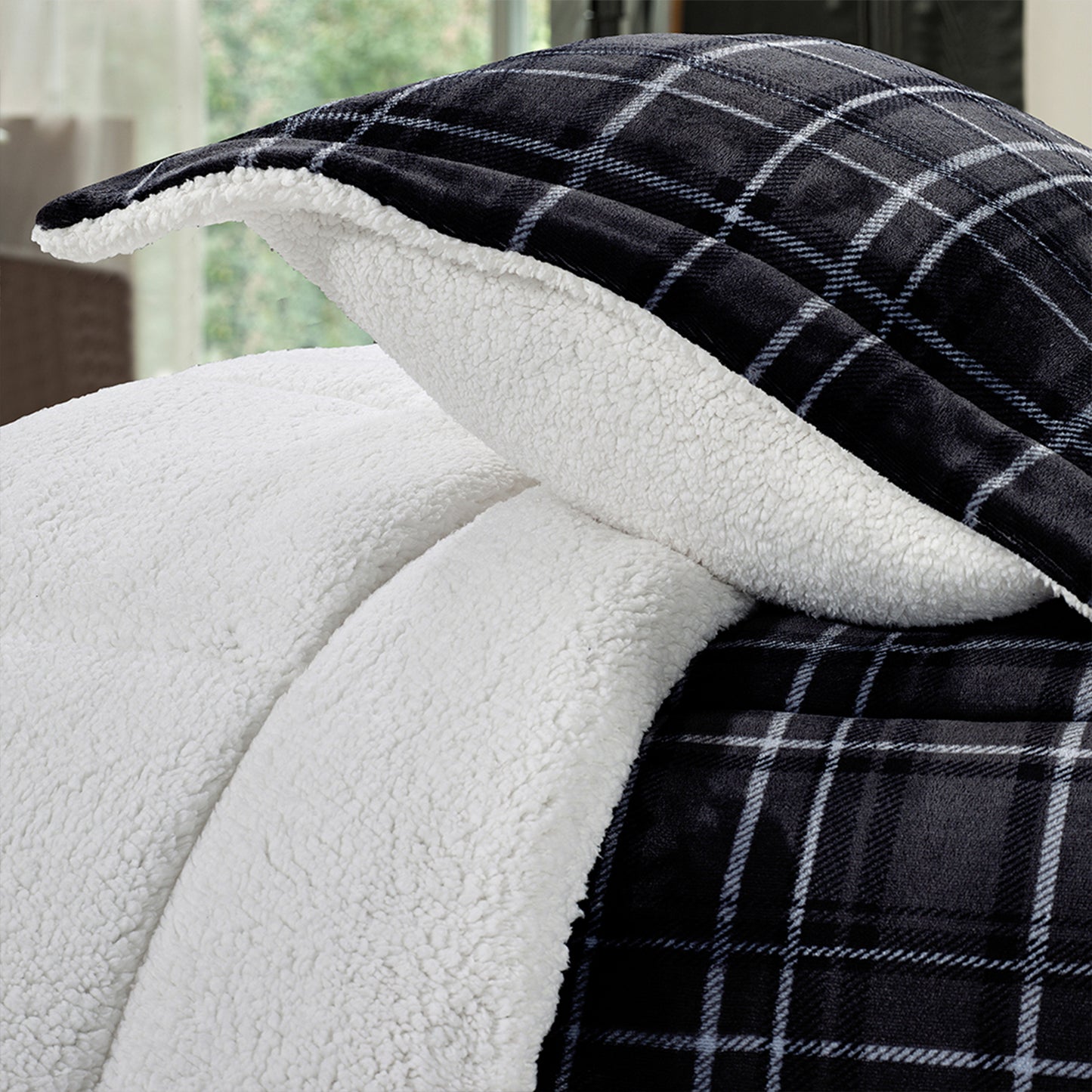 Elegant Comfort 3-Piece Plaid Micro-Suede Reversible Sherpa - Comforter Set