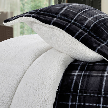 Elegant Comfort 3-Piece Plaid Micro-Suede Reversible Sherpa - Comforter Set
