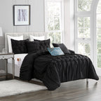 12-Piece Ella Pleated Ruched Pintuck Comforter Set, Includes 6-Piece Sheet Set with Double Sided Storage Pockets