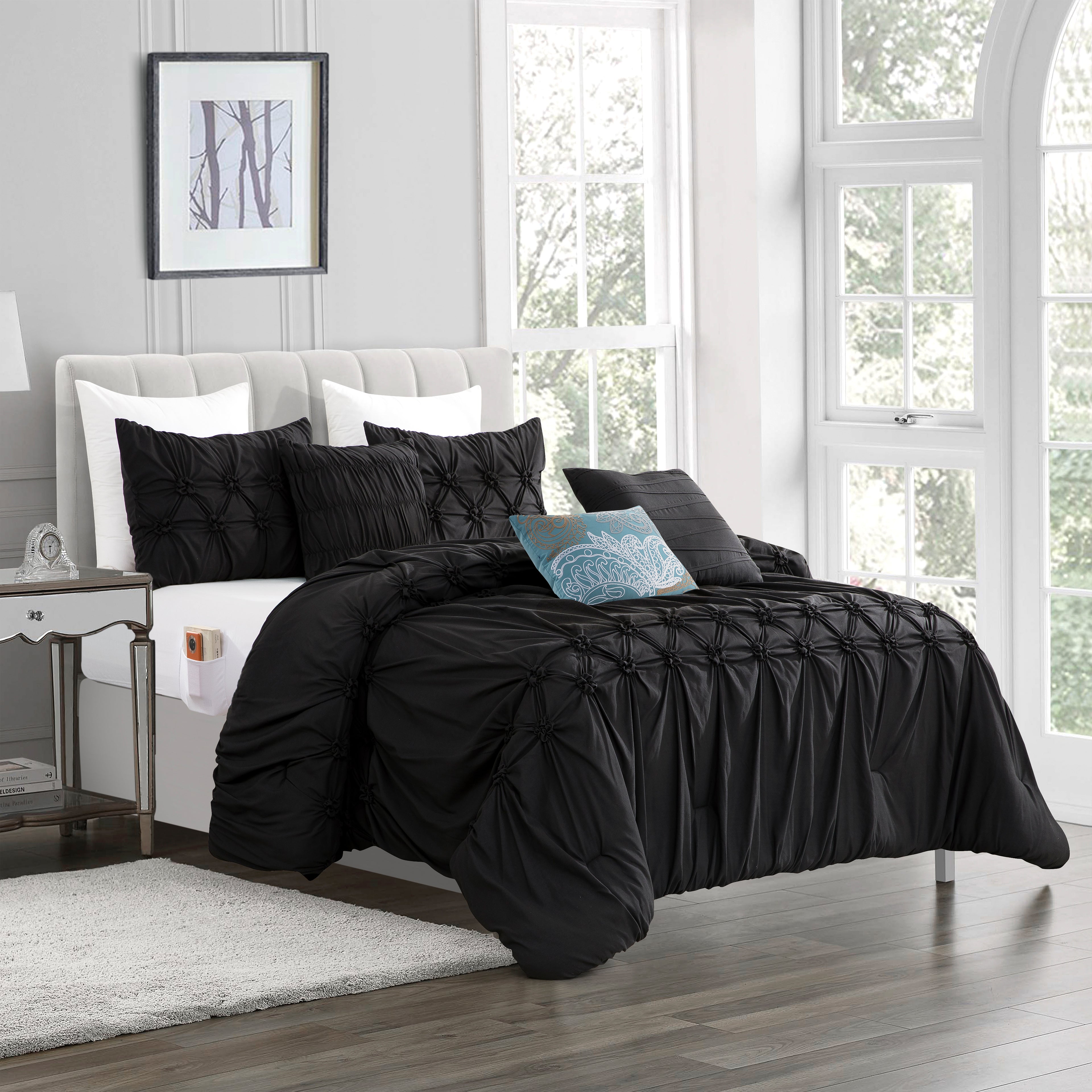 12-Piece Ella Pleated Ruched Pintuck Comforter Set, Includes 6-Piece Sheet Set with Double Sided Storage Pockets