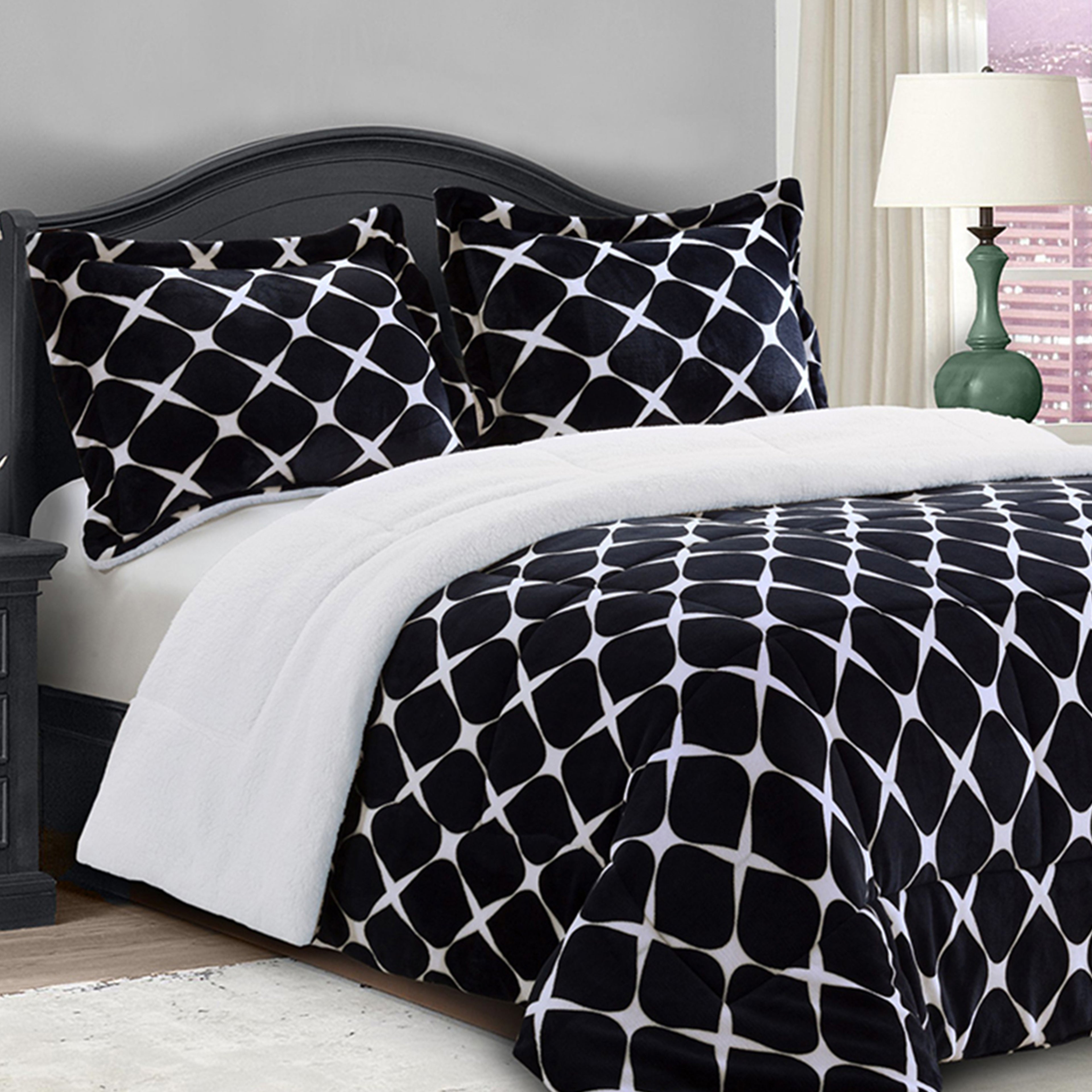 3-Piece Micro-Suede Reversible Sherpa - Bloomingdale Pattern Comforter Set