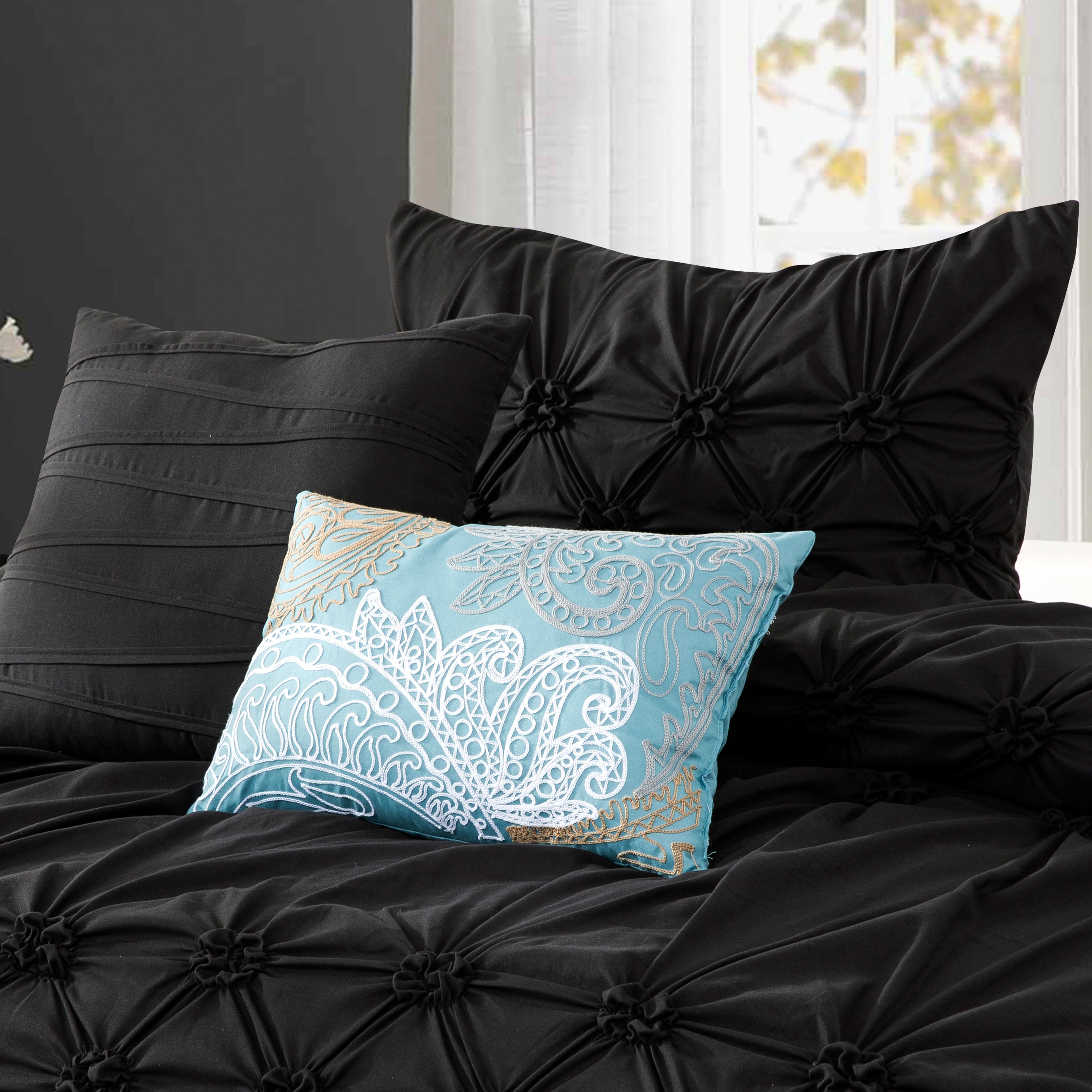 12-Piece Ella Pleated Ruched Pintuck Comforter Set, Includes 6-Piece Sheet Set with Double Sided Storage Pockets