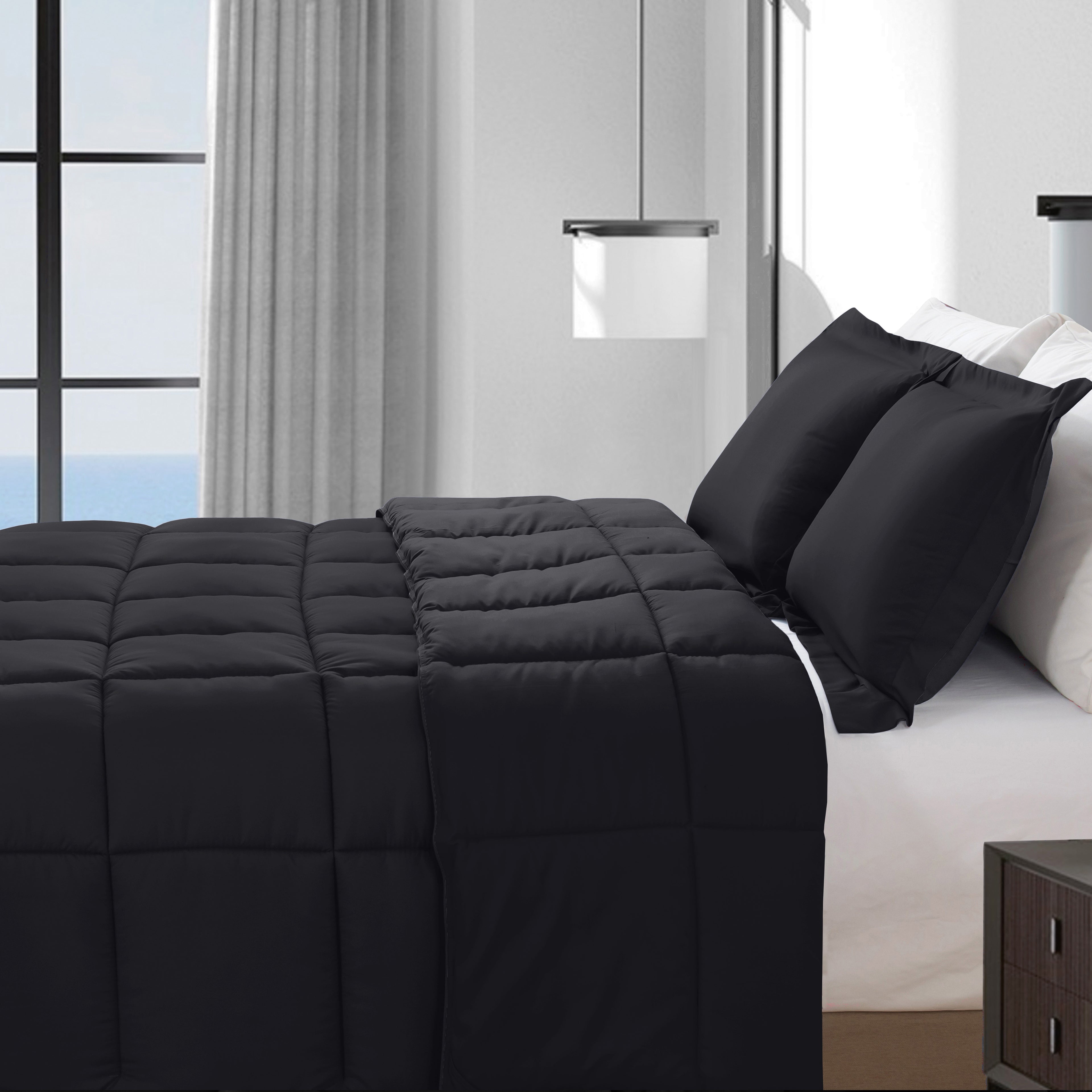 3-Piece Solid Box Stitched Comforter & Shams - Double-Filled Comforter
