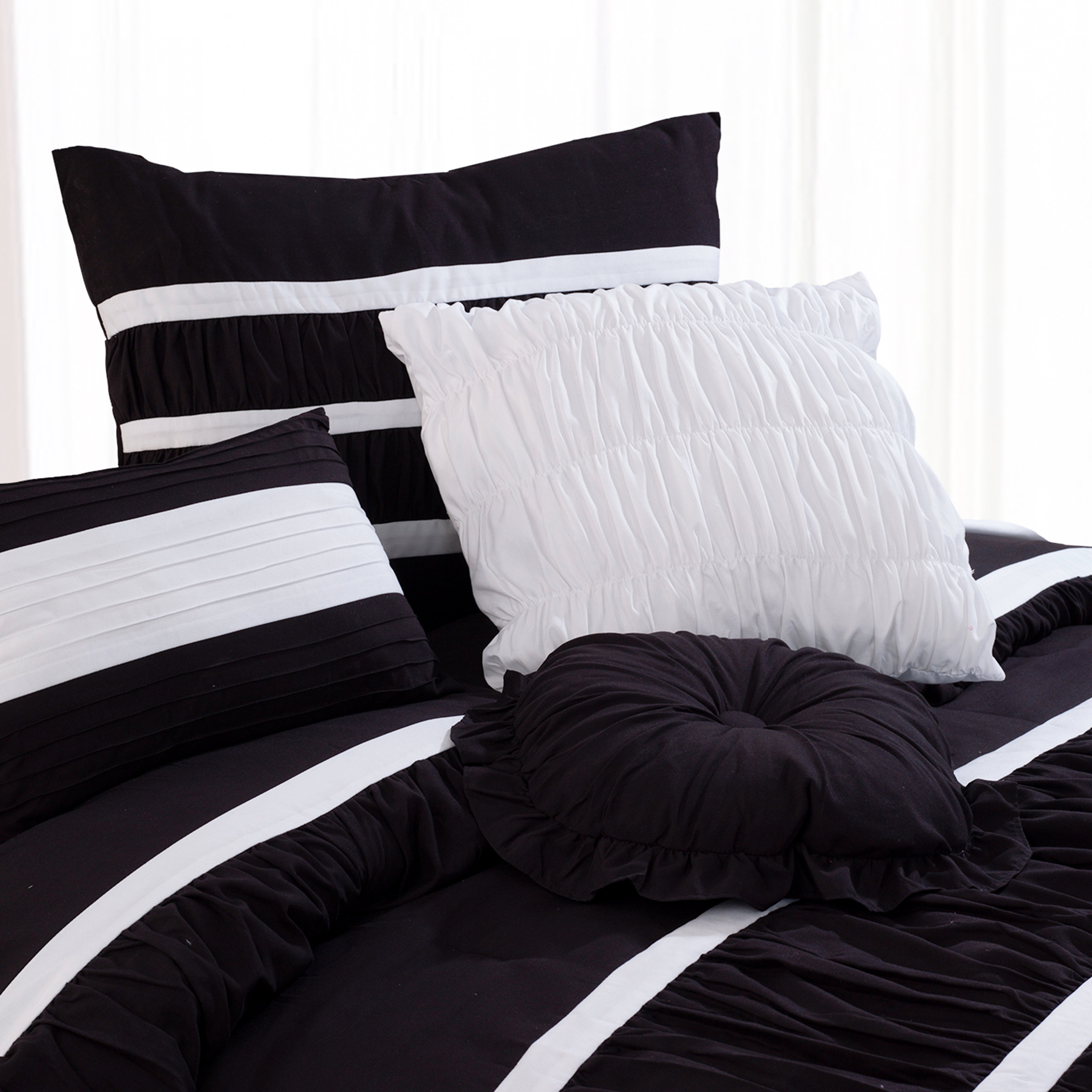 12-Piece Isabella Pleated Ruched Ruffled Comforter Set, Includes 6-Piece Sheet Set with Double Sided Storage Pockets