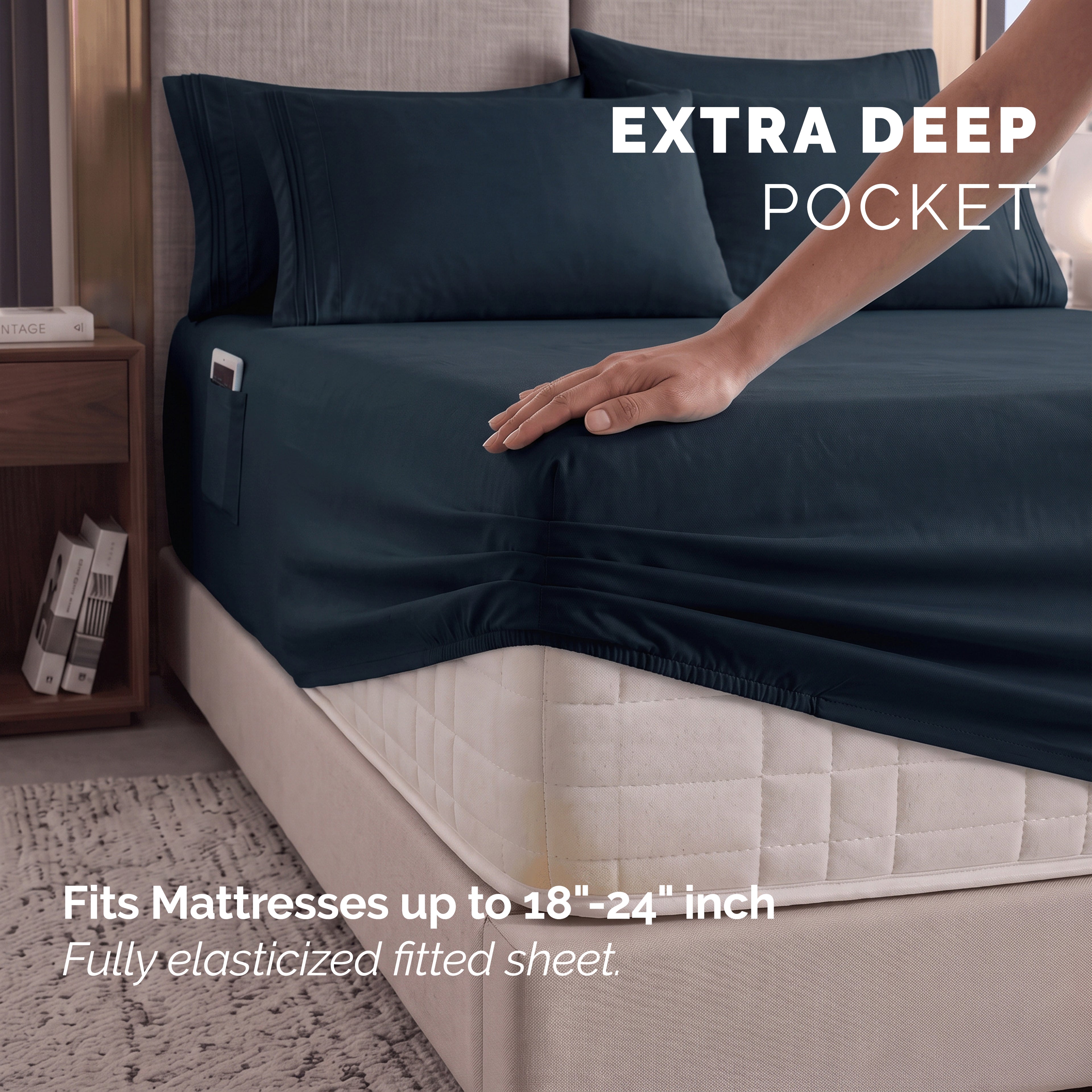 Extra deep 18-24 Inch Pocket 3 Line Embroidery, 6-Piece Sheet Set, Moody Shades