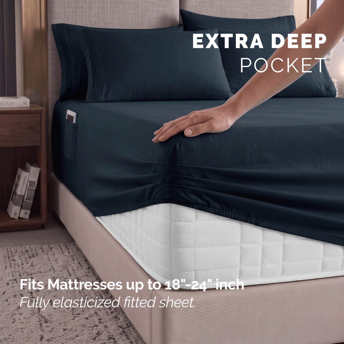 Extra deep 18-24 Inch Pocket 3 Line Embroidery, 6-Piece Sheet Set, Moody Shades