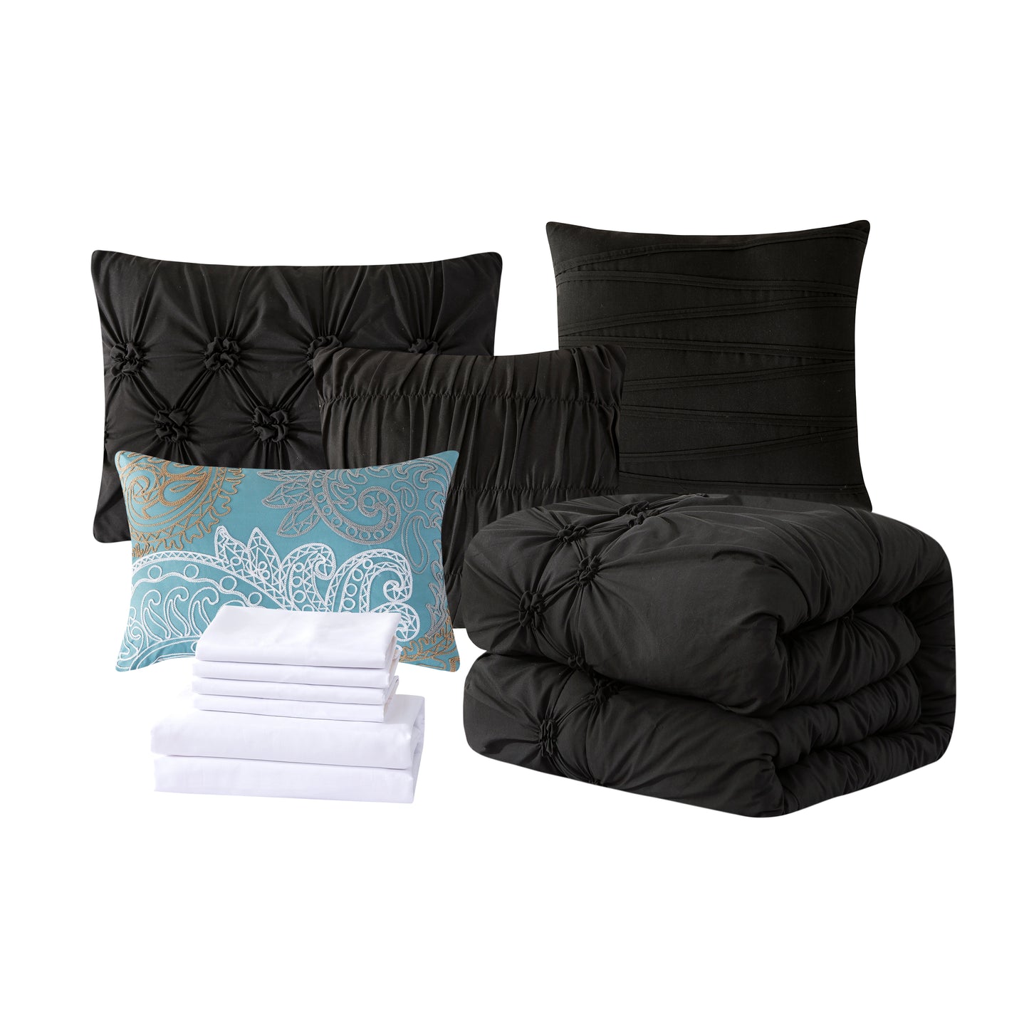 Elegant Comfort 12-Piece Ella Pleated Ruched Pintuck Comforter Set, Includes 6-Piece Sheet Set with Double Sided Storage Pockets