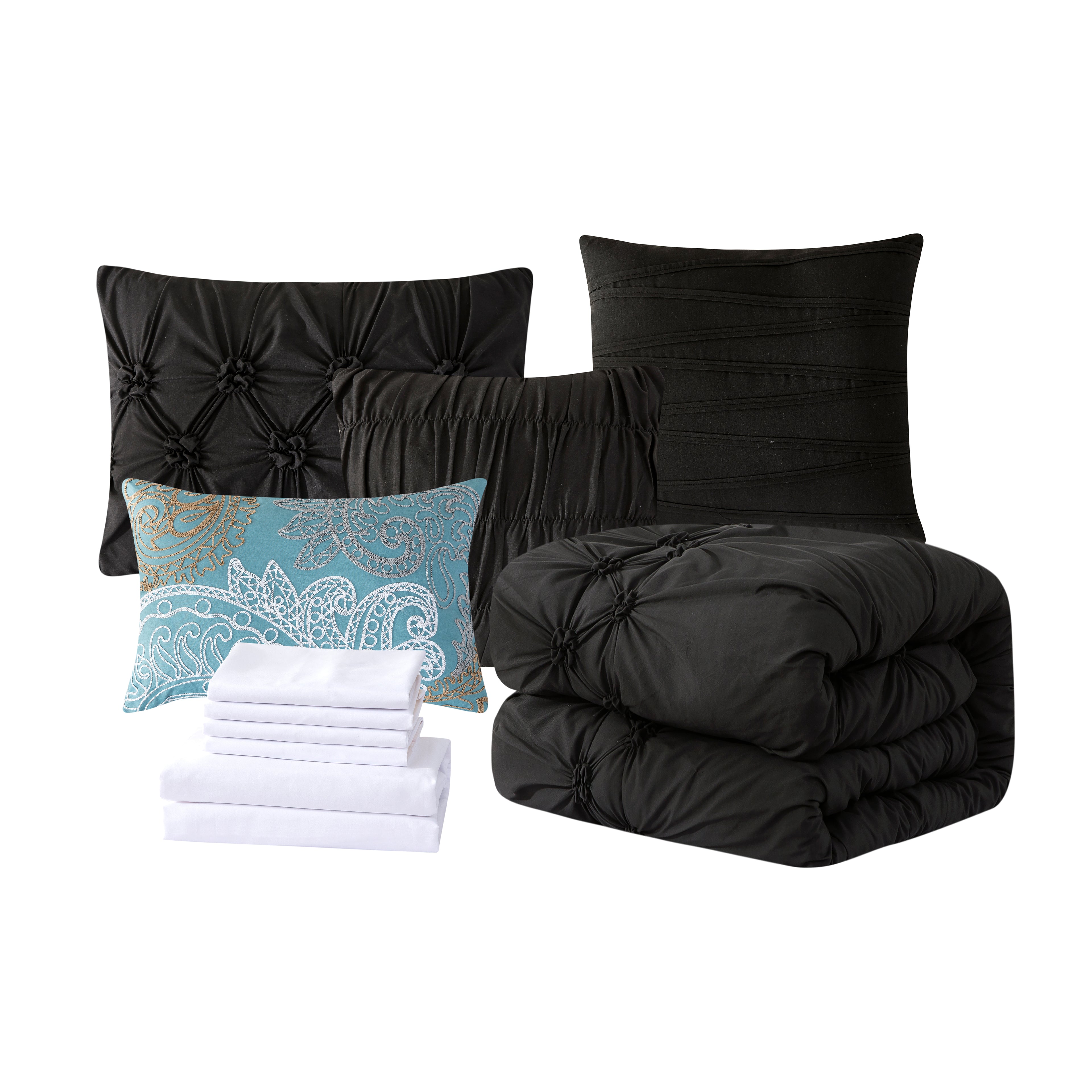 12-Piece Ella Pleated Ruched Pintuck Comforter Set, Includes 6-Piece Sheet Set with Double Sided Storage Pockets