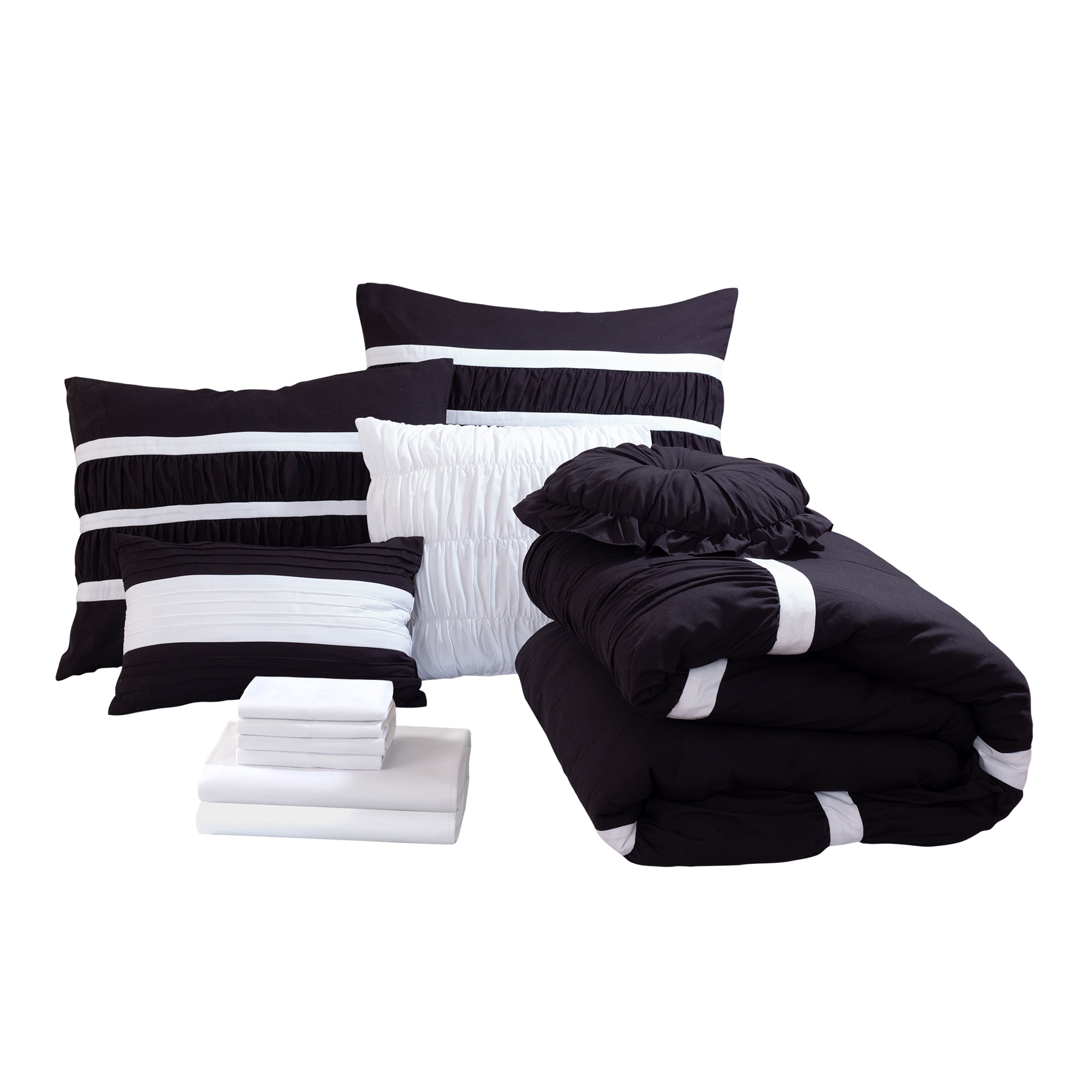 12-Piece Isabella Pleated Ruched Ruffled Comforter Set, Includes 6-Piece Sheet Set with Double Sided Storage Pockets