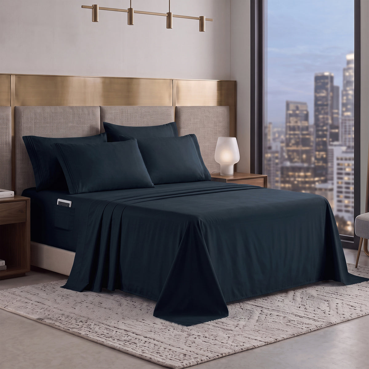Extra deep 18-24 Inch Pocket 3 Line Embroidery, 6-Piece Sheet Set, Moody Shades
