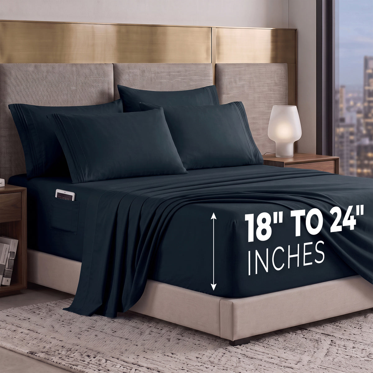Extra deep 18-24 Inch Pocket 3 Line Embroidery, 6-Piece Sheet Set, Moody Shades