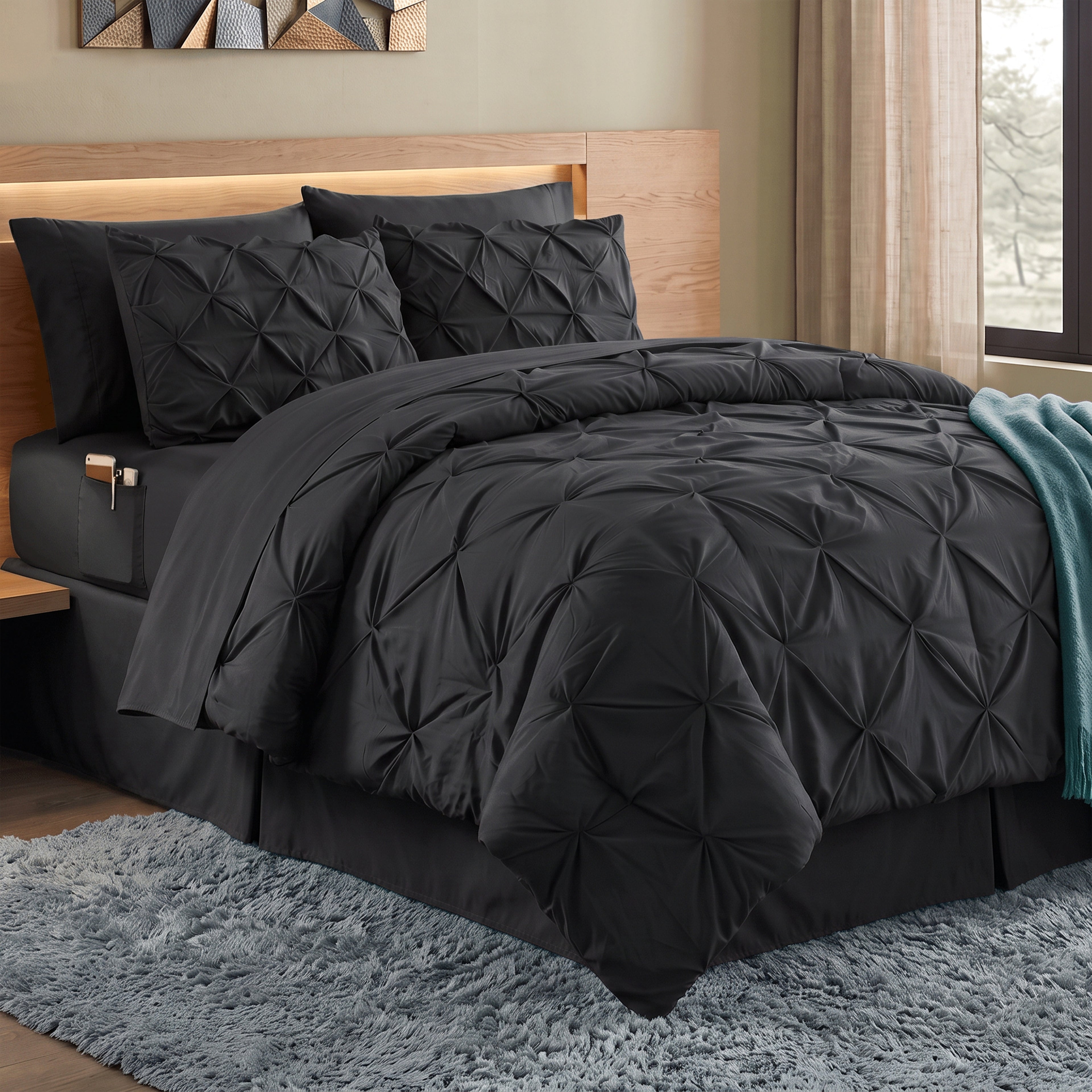 8-Piece Pintuck Pinch Pleated Comforter Set - Includes 4-Piece Sheet Set with Double Sided Storage Pockets