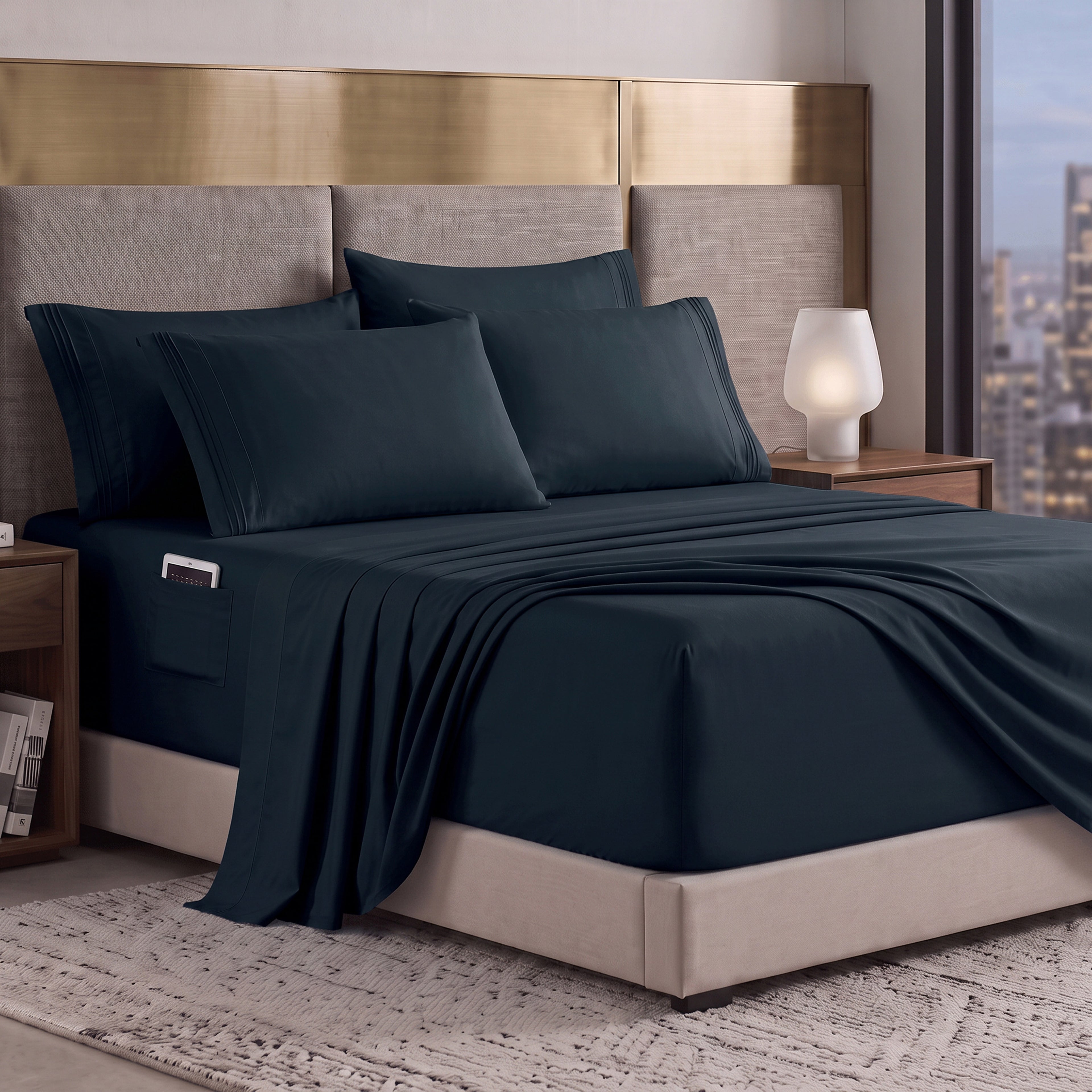 Extra deep 18-24 Inch Pocket 3 Line Embroidery, 6-Piece Sheet Set, Moody Shades