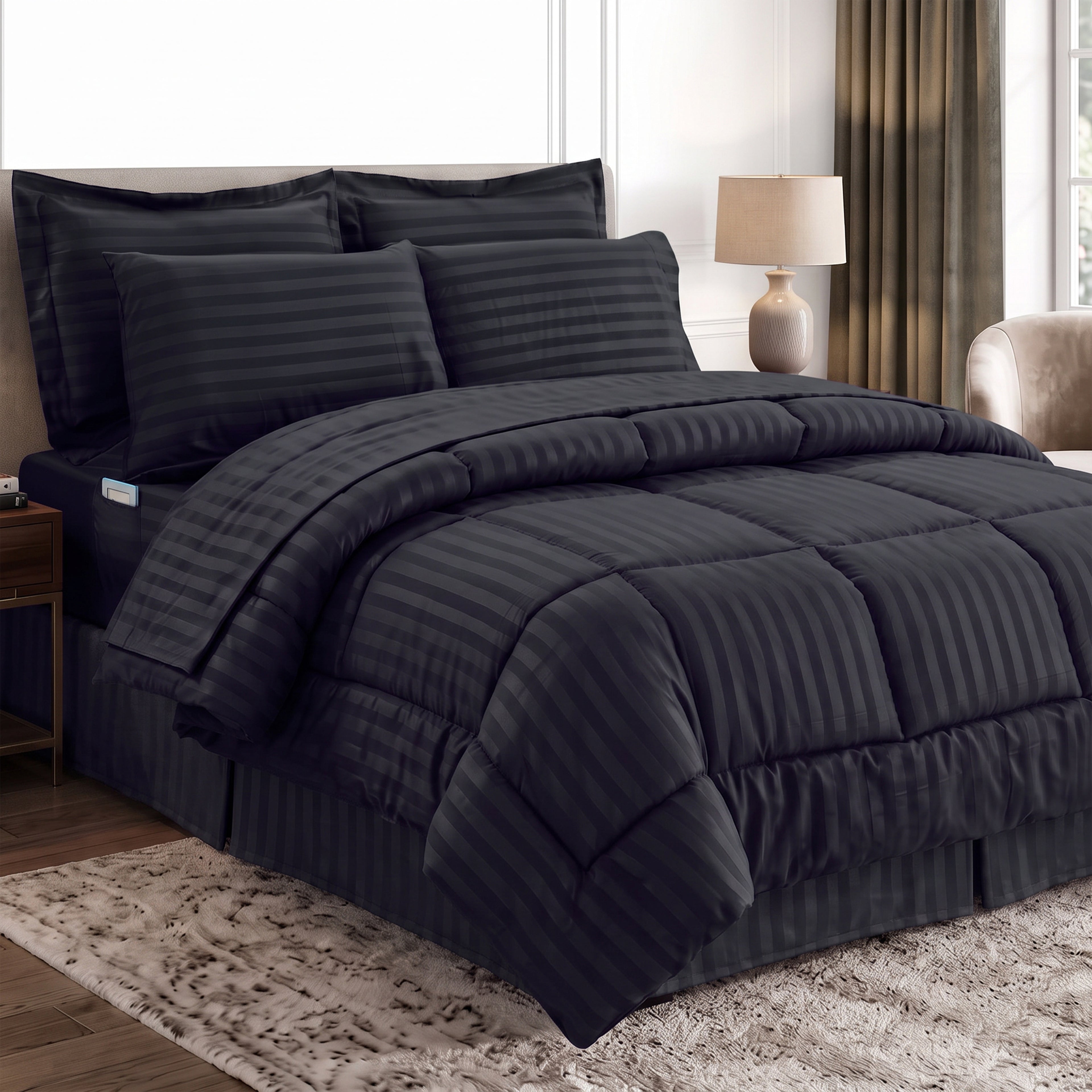 8-Piece Dobby Stripe Comforter Set - Includes 4-Piece Sheet Set with Double Sided Storage Pockets