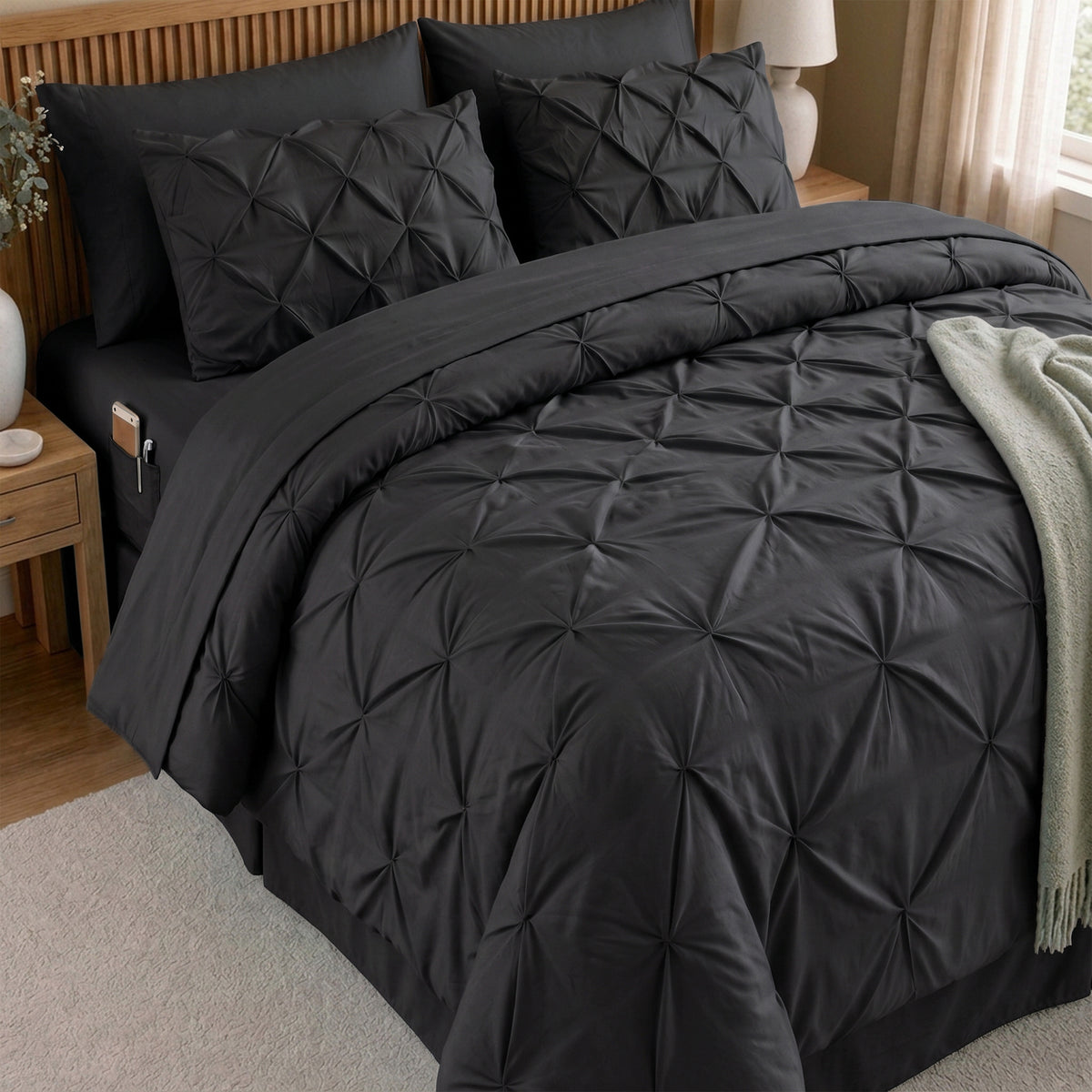 8-Piece Pintuck Pinch Pleated Comforter Set - Includes 4-Piece Sheet Set with Double Sided Storage Pockets