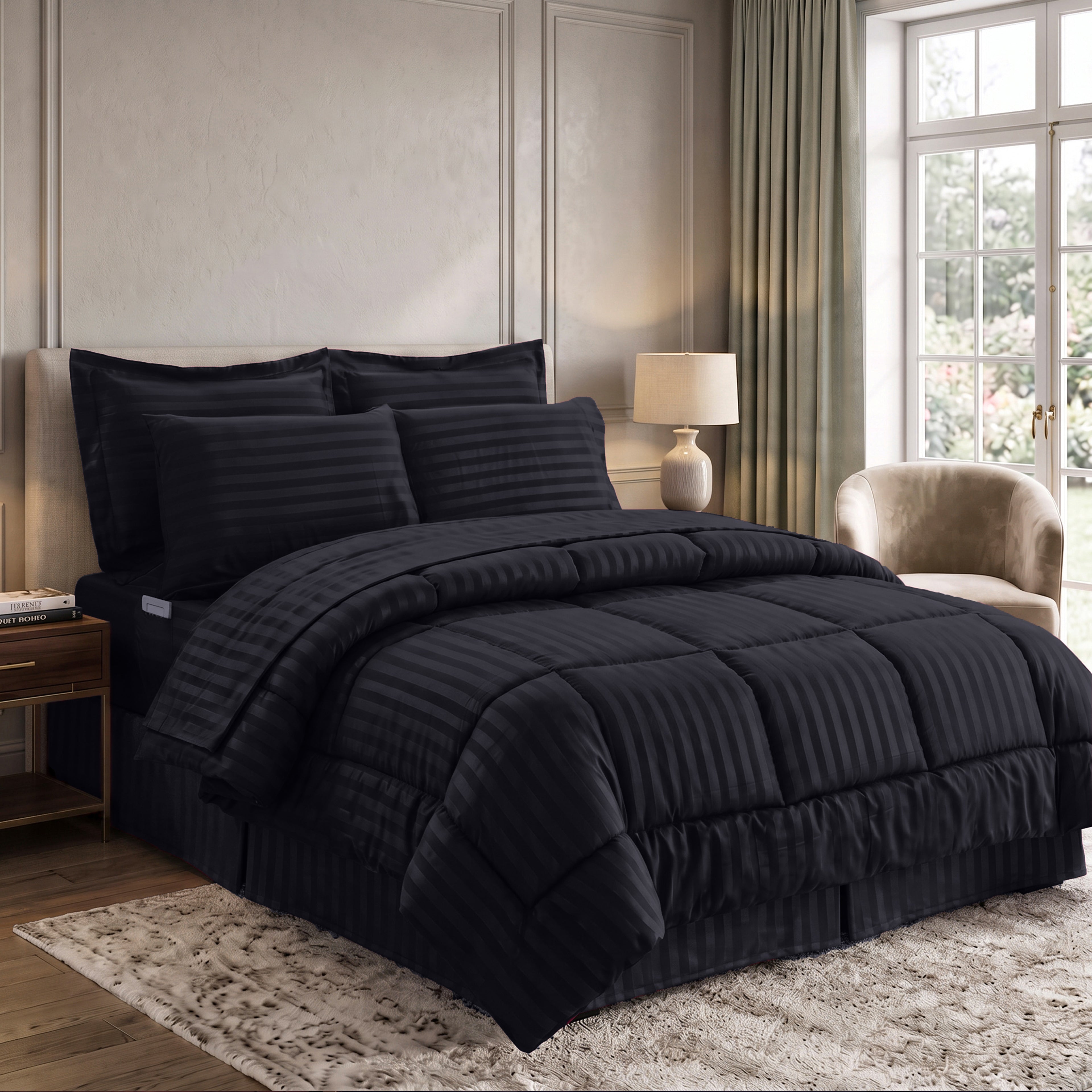 8-Piece Dobby Stripe Comforter Set - Includes 4-Piece Sheet Set with Double Sided Storage Pockets