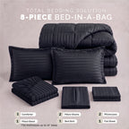 8-Piece Dobby Stripe Comforter Set - Includes 4-Piece Sheet Set with Double Sided Storage Pockets