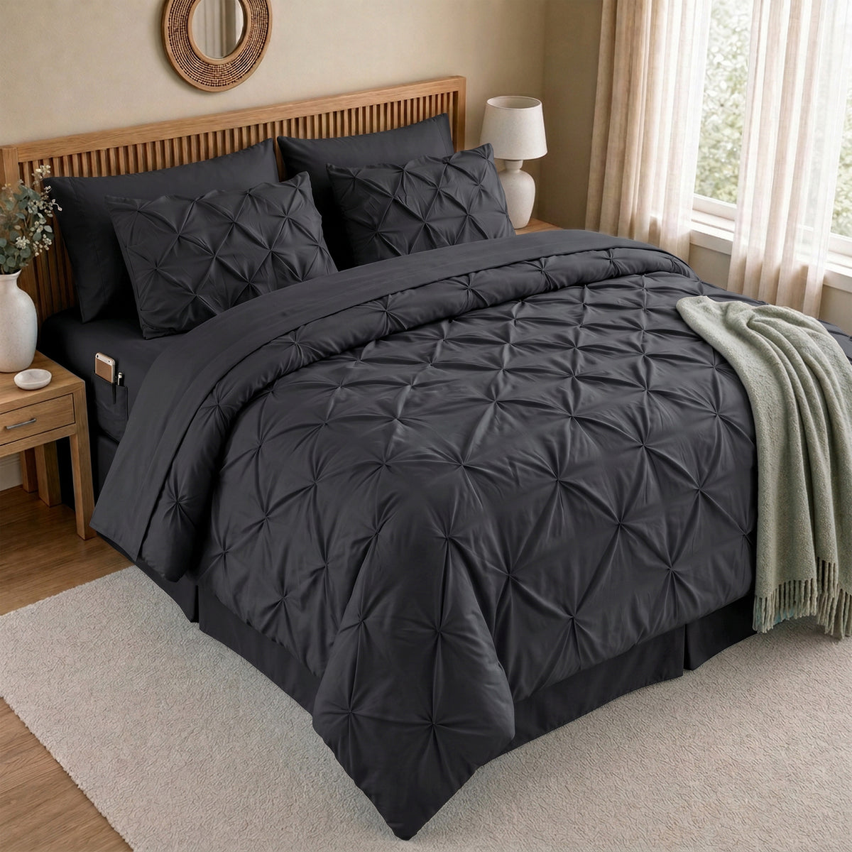 8-Piece Pintuck Pinch Pleated Comforter Set - Includes 4-Piece Sheet Set with Double Sided Storage Pockets