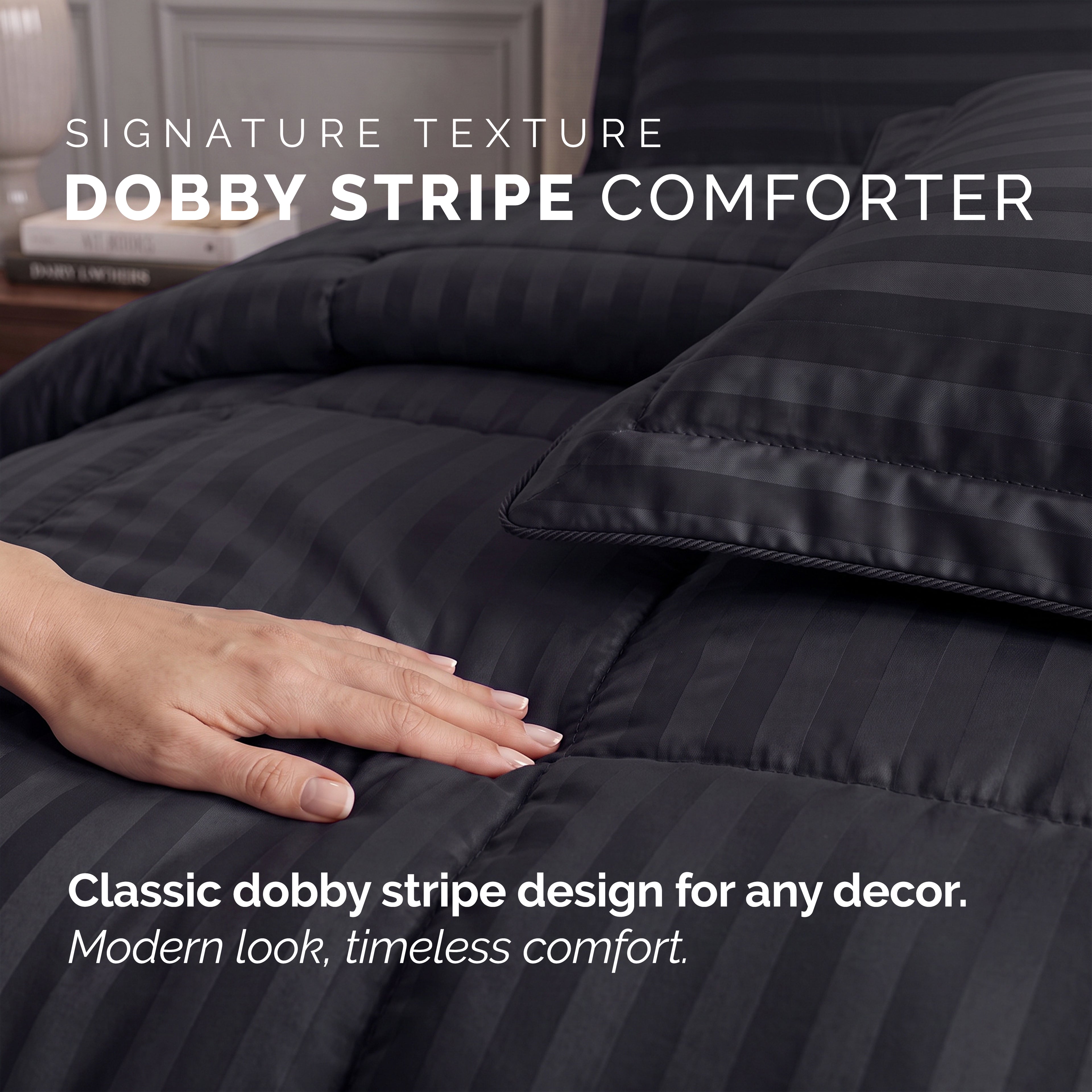 8-Piece Dobby Stripe Comforter Set - Includes 4-Piece Sheet Set with Double Sided Storage Pockets