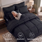 8-Piece Dobby Stripe Comforter Set - Includes 4-Piece Sheet Set with Double Sided Storage Pockets