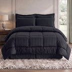 8-Piece Dobby Stripe Comforter Set - Includes 4-Piece Sheet Set with Double Sided Storage Pockets