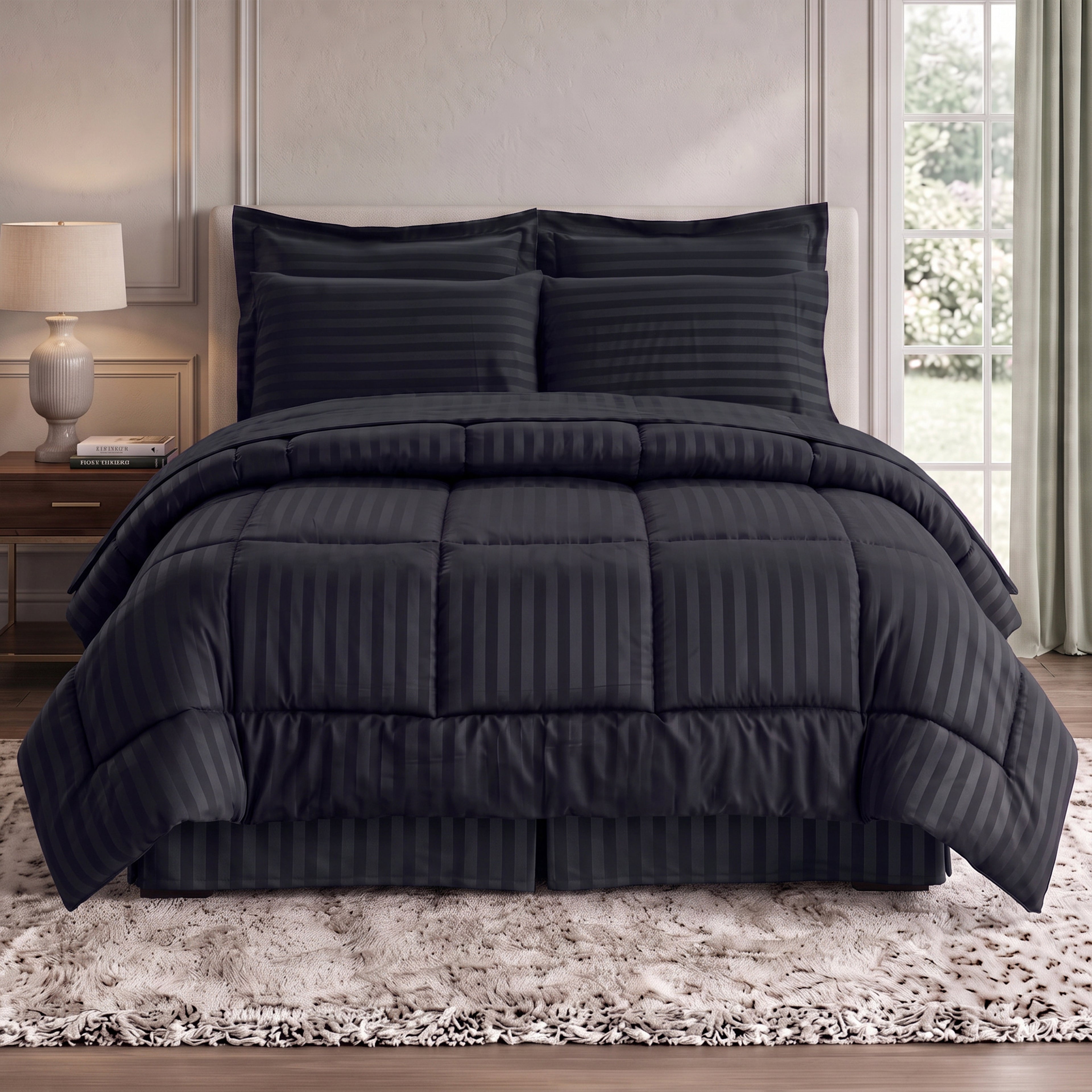 8-Piece Dobby Stripe Comforter Set - Includes 4-Piece Sheet Set with Double Sided Storage Pockets