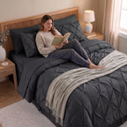 8-Piece Pintuck Pinch Pleated Comforter Set - Includes 4-Piece Sheet Set with Double Sided Storage Pockets