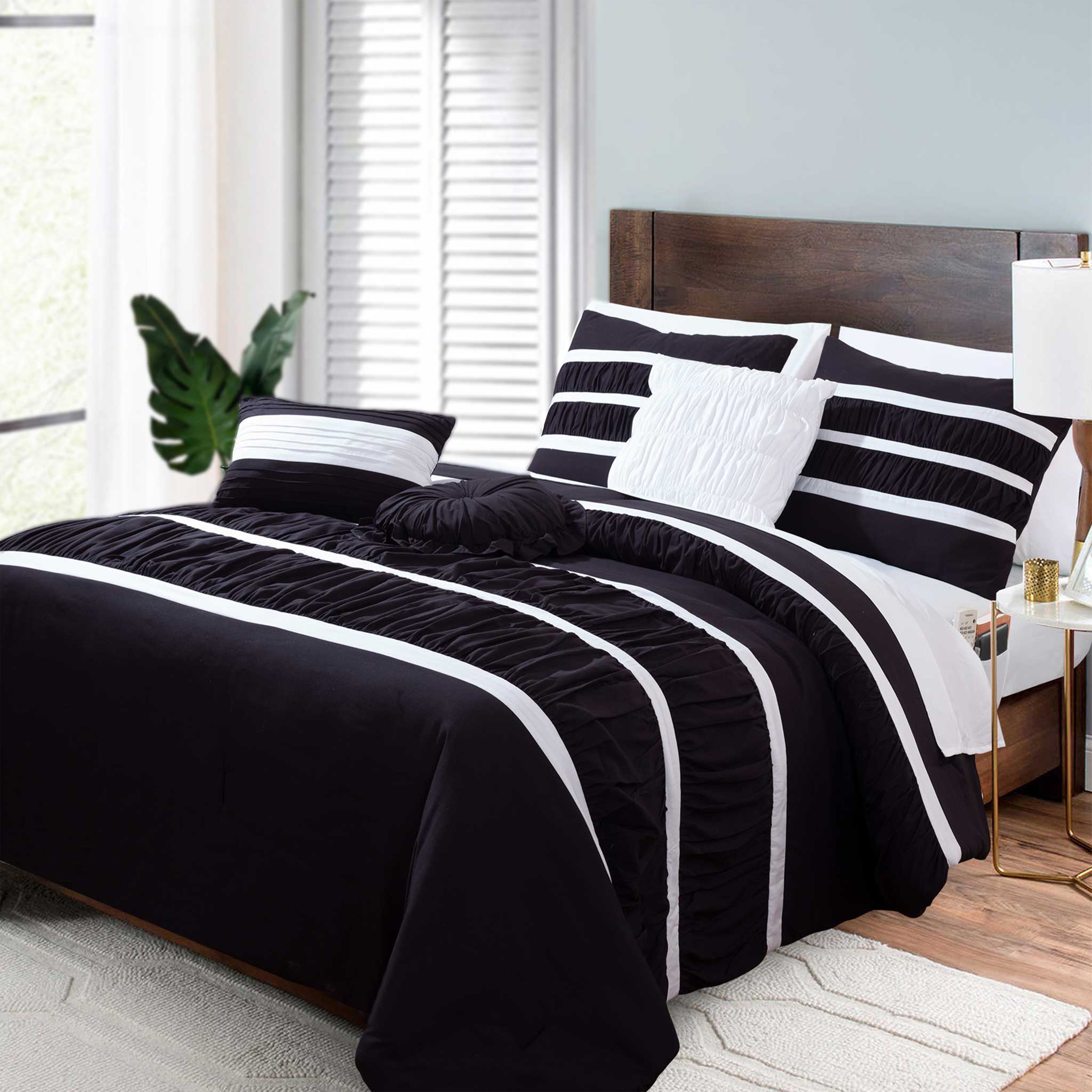 12-Piece Isabella Pleated Ruched Ruffled Comforter Set, Includes 6-Piece Sheet Set with Double Sided Storage Pockets