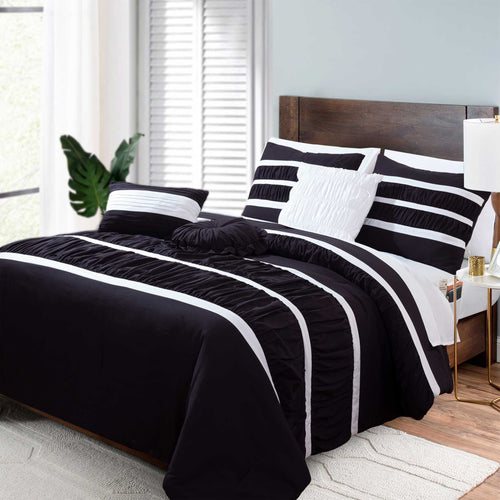 12-Piece Isabella Pleated Ruched Ruffled Comforter Set, Includes 6-Piece Sheet Set with Double Sided Storage Pockets