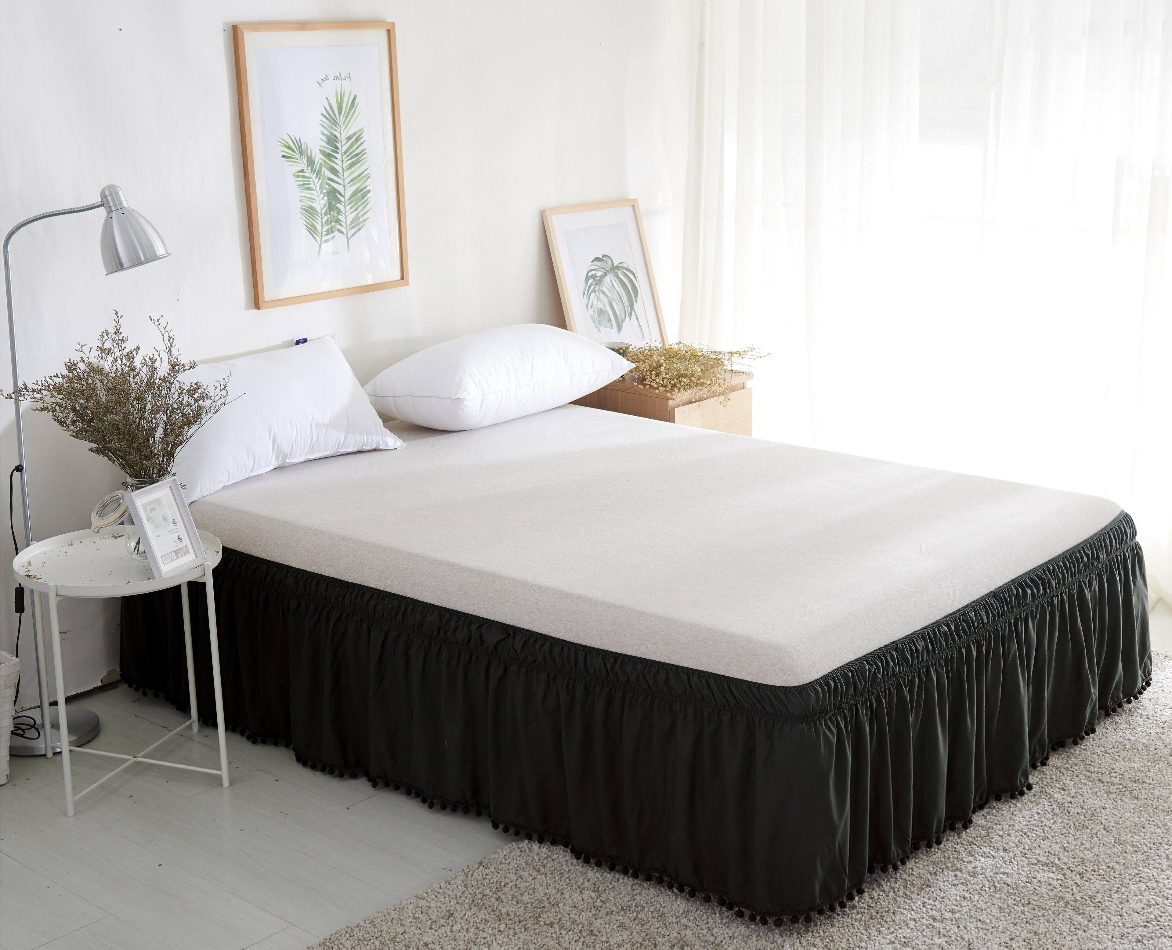1-Piece Top-Knot Tassel Pompom Fringe Ruffle Bed Skirt - Around Style Elastic Bed Wrap - 16 inch Drop