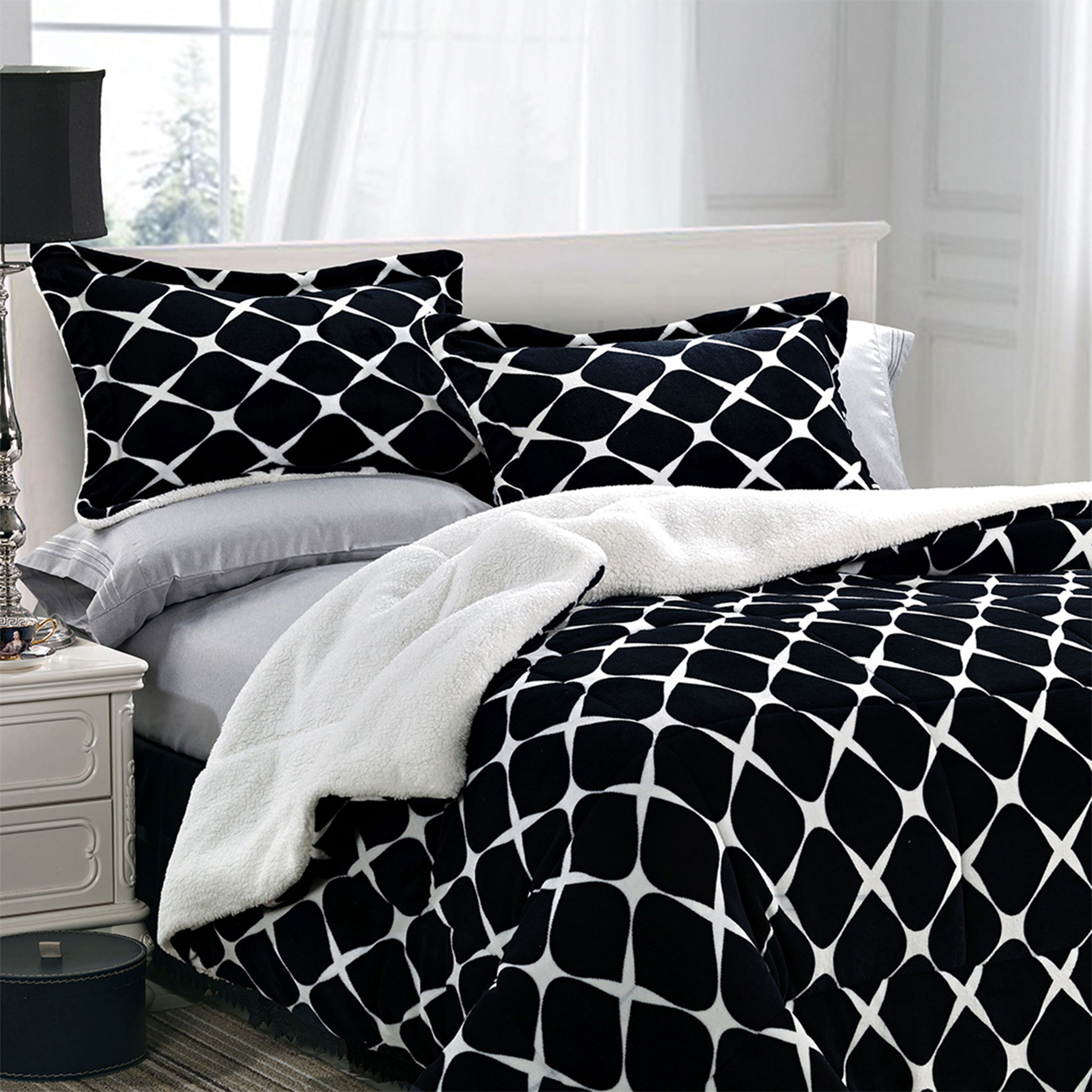 3-Piece Micro-Suede Reversible Sherpa - Bloomingdale Pattern Comforter Set